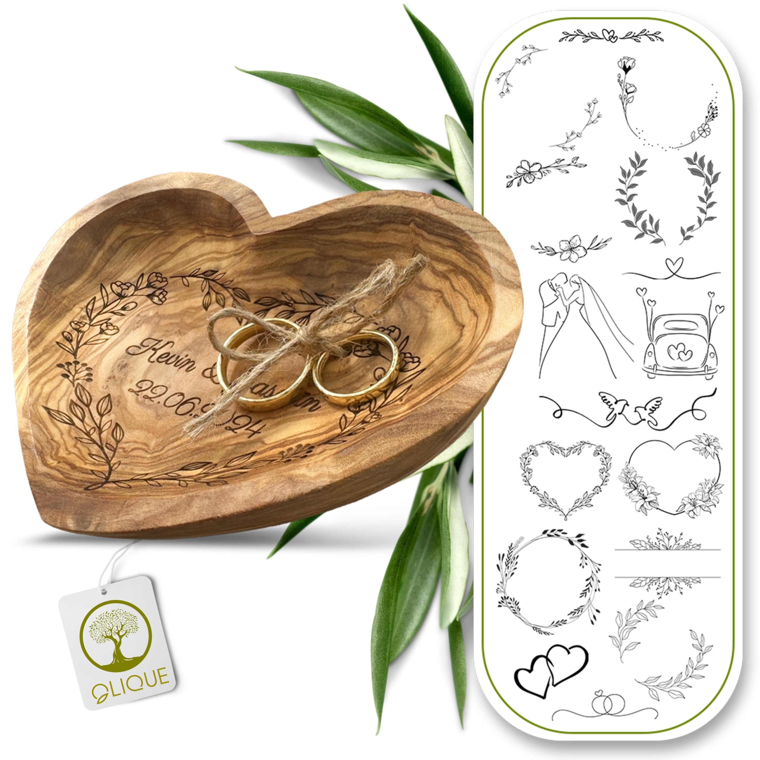 Coussin pour alliances de mariage en bois d'olivier personnalisé - Bol en bois en forme de cœur fait à la main