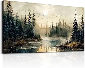 FUHAIHUA Large Wall Decor For Living Room Canvas Wall Art For Office Farmhouse Wall Decorations For Bedroom Forest River Landscape Paintings Modern Pictures Artwork Room Home Decor 24x48 In