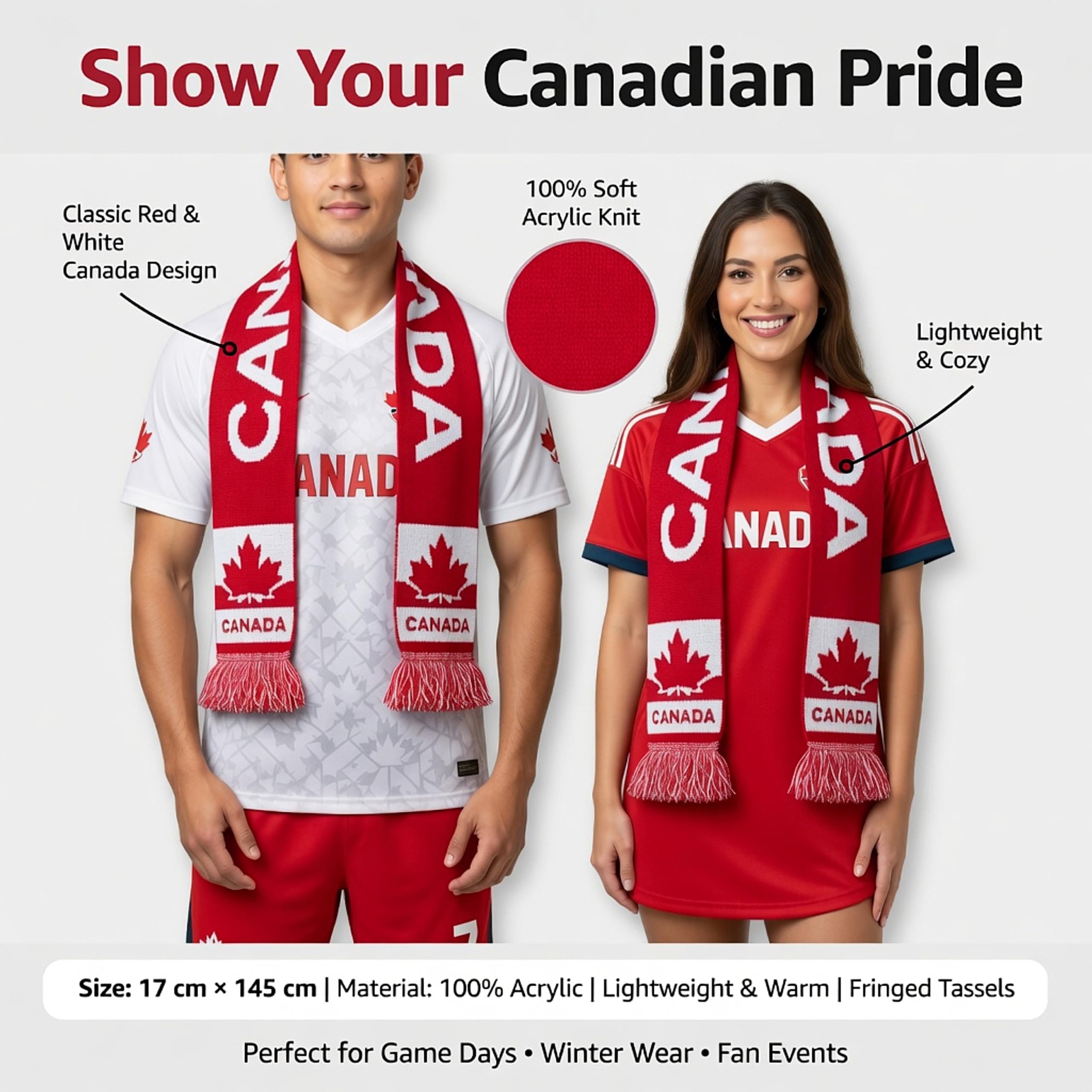 Canada Fan Scarf – Red & White Acrylic Maple Leaf Scarf for Hockey, Soccer & FIFA World Cup 2026 | Canada Day Stadium Fan Scarf, Warm Winter Sports Accessory — view 4