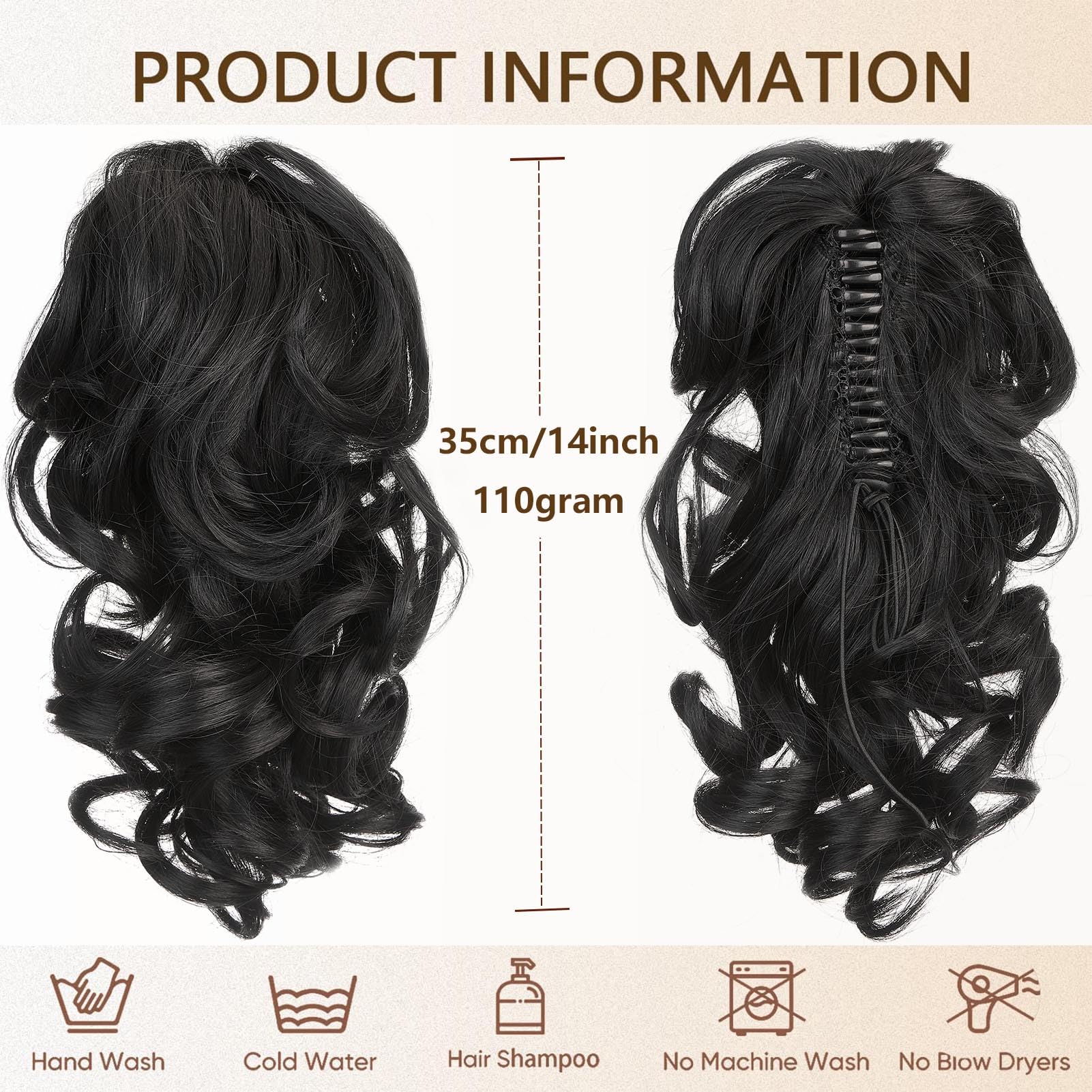 Cybelleza 14 inch Ponytail Hair Extension Curly Wavy Claw Jaw on Long Short Cute Pony Tails Clip in Hair Extensions Ponytail Hairpieces Synthetic for Women Black - Image 4
