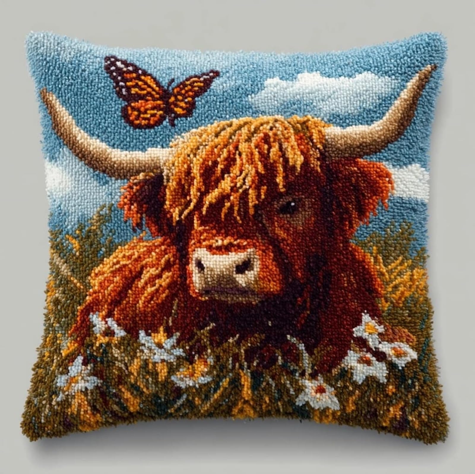 WallustrioaW Latch Hook Kit 43x43cm,Highland Cattle and Butterflies