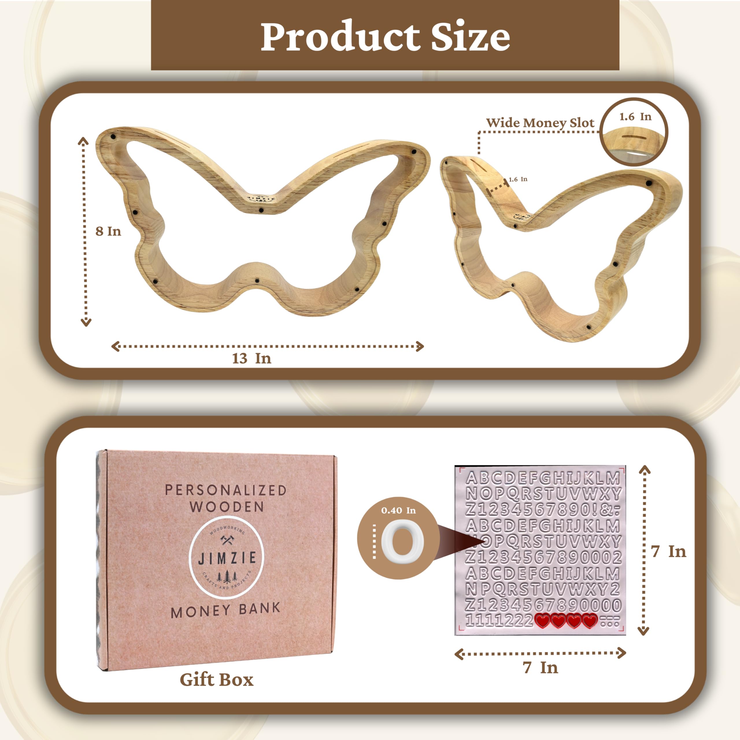 JIMZIE Wooden Butterfly Piggy Bank with Clear Acrylic on Both Sides – Personalized Coin Bank for Kids, Toddlers, and Adults – Large Money Bank 13? x 8? with Letter Stickers