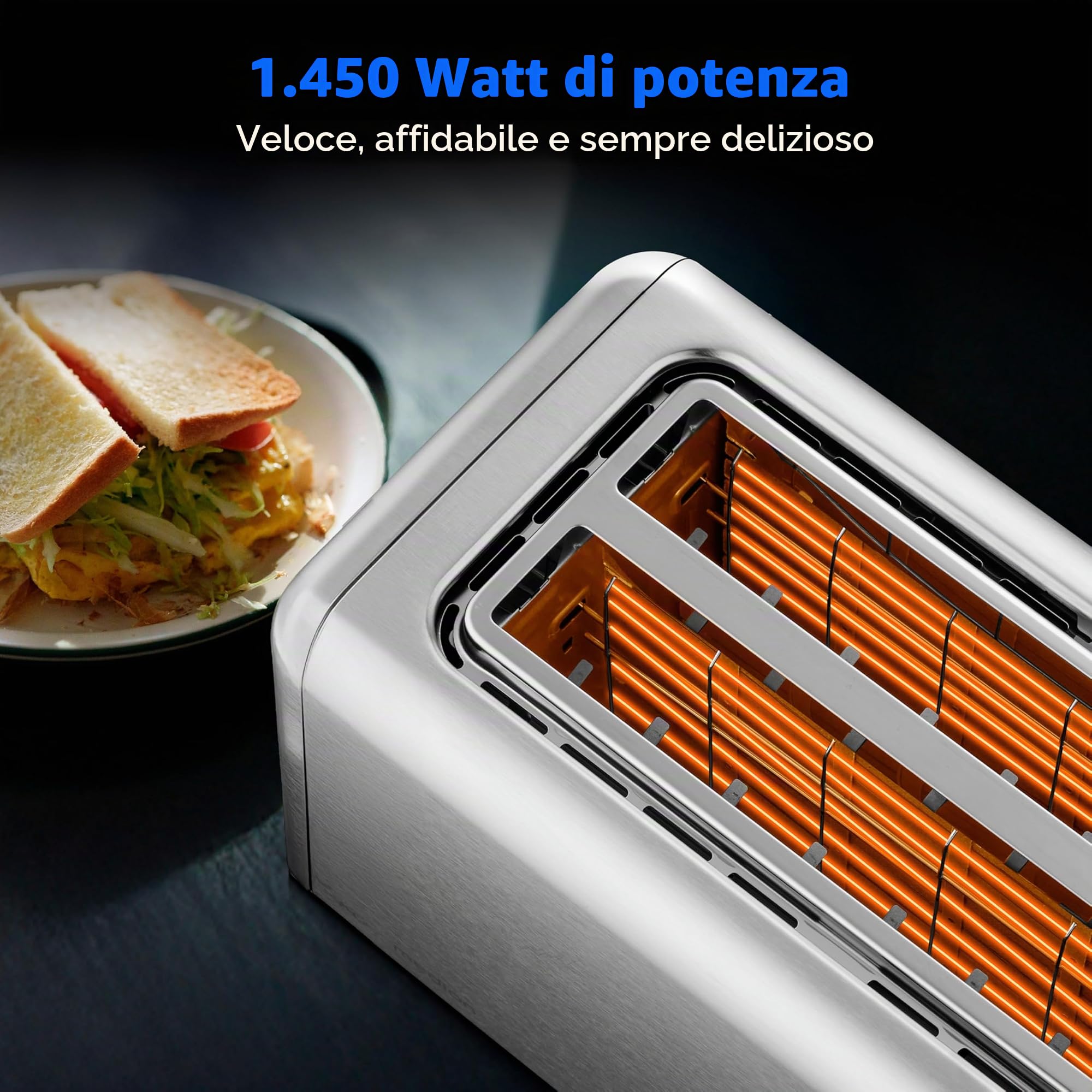 MEDION Tostapane 4 fette con supporto panini (7 livelli, 5 programmi, 1.450 W, 2 fessure lunghe, scongelamento, riscaldamento, cassetto raccoglibriciole, acciaio inox opaco, MD12103) argento