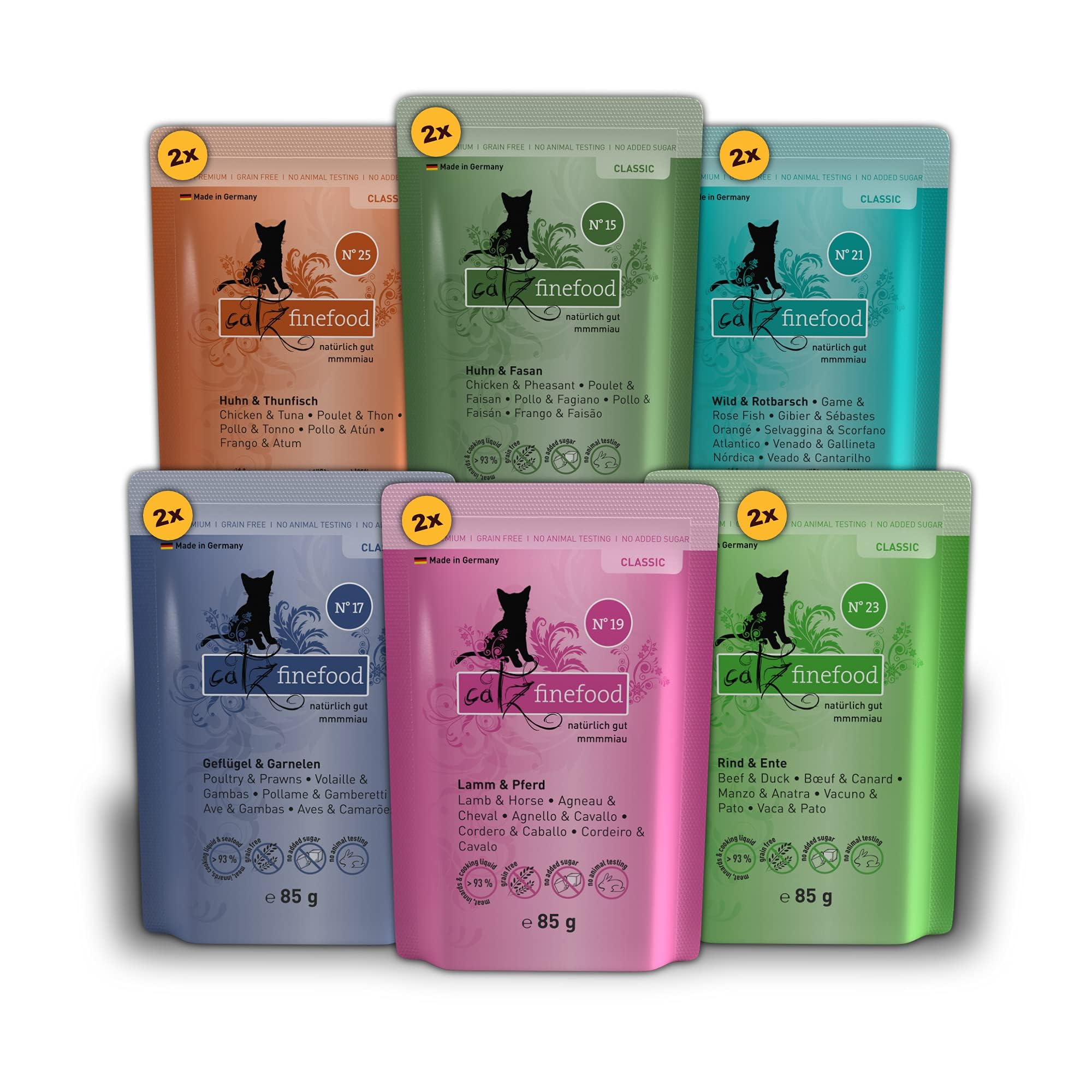 catz finefood Multipack 2, 12 x 85g Beutel, Feinkost Katzenfutter nass, Sorten Mix-Paket 2 mit Huhn, Thunfisch, Rind, Rotbarsch, Lamm, Garnelen, Wild