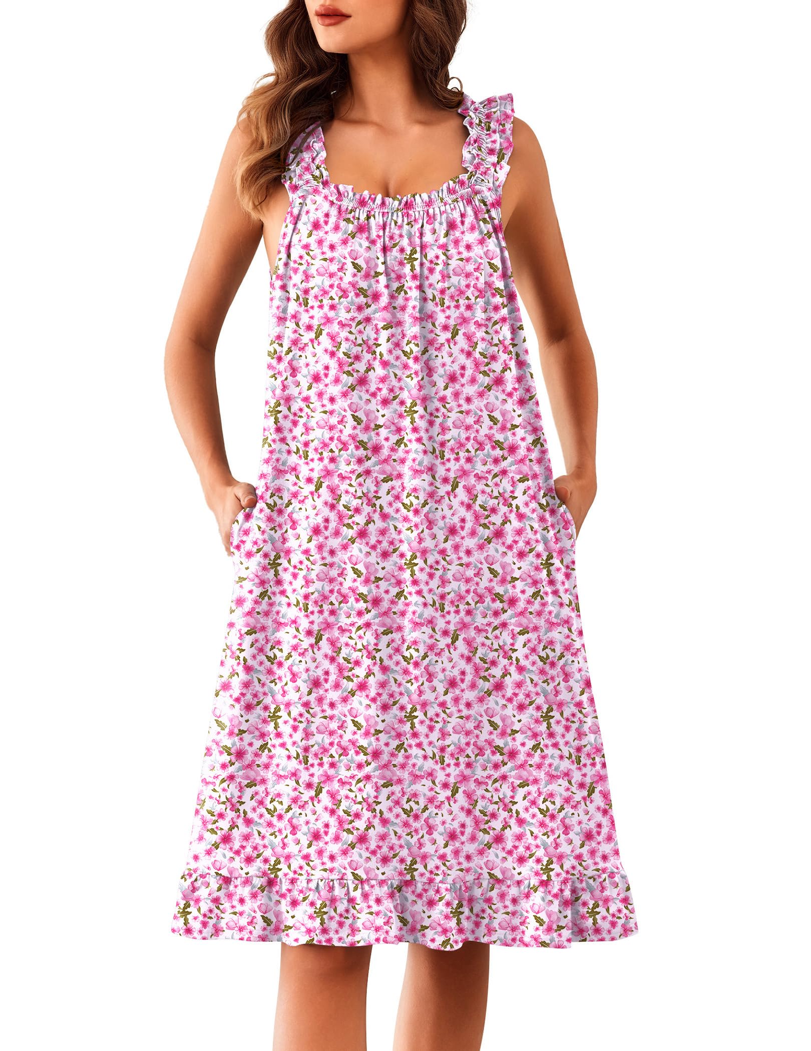 Ekouaer Nightgowns for Women with Pockets Sleeveless Ruffle Tank Night Gowns Floral House Dress Victorian Mumu Dress S-3XL