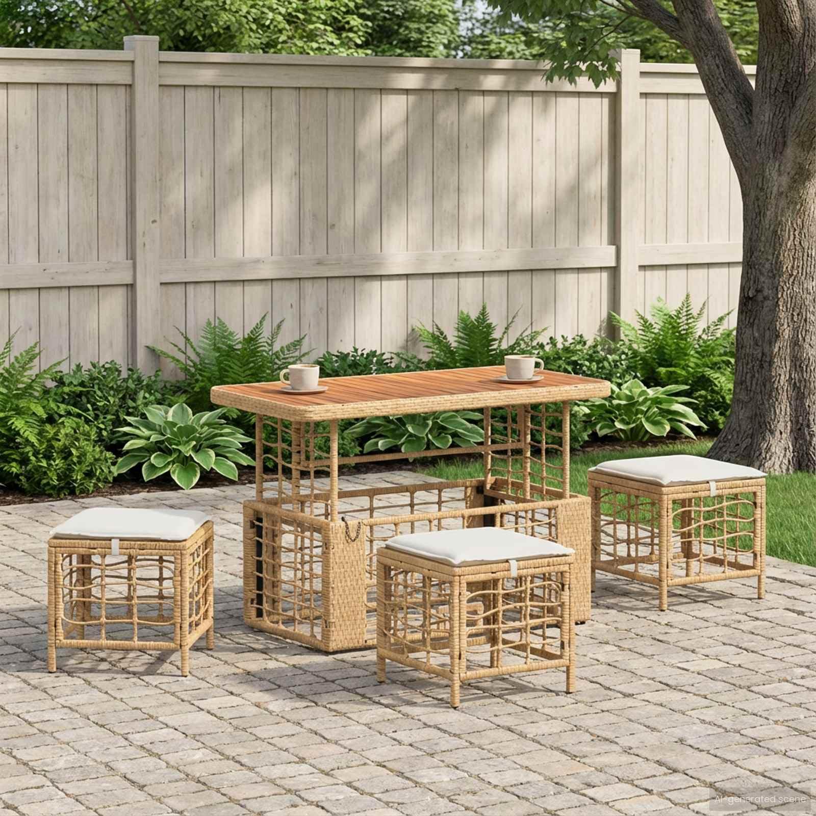 Juego de comedor de jardín con mesa regulable en altura (4 piezas) | Moderno juego de balcón de madera de acacia engrasada y polirratán para terraza y jardín, incluye cómodos cojines de asiento.