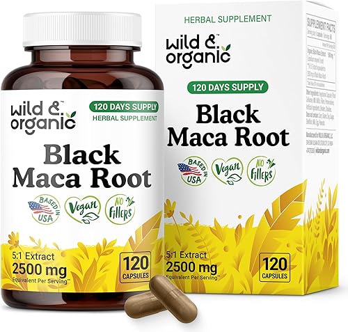Wild & Organic Cápsulas de raíz de maca negra para mujeres y hombres de 500 mg - Apoyo general - 120 cápsulas veganas con polvo de maca - Suplemento