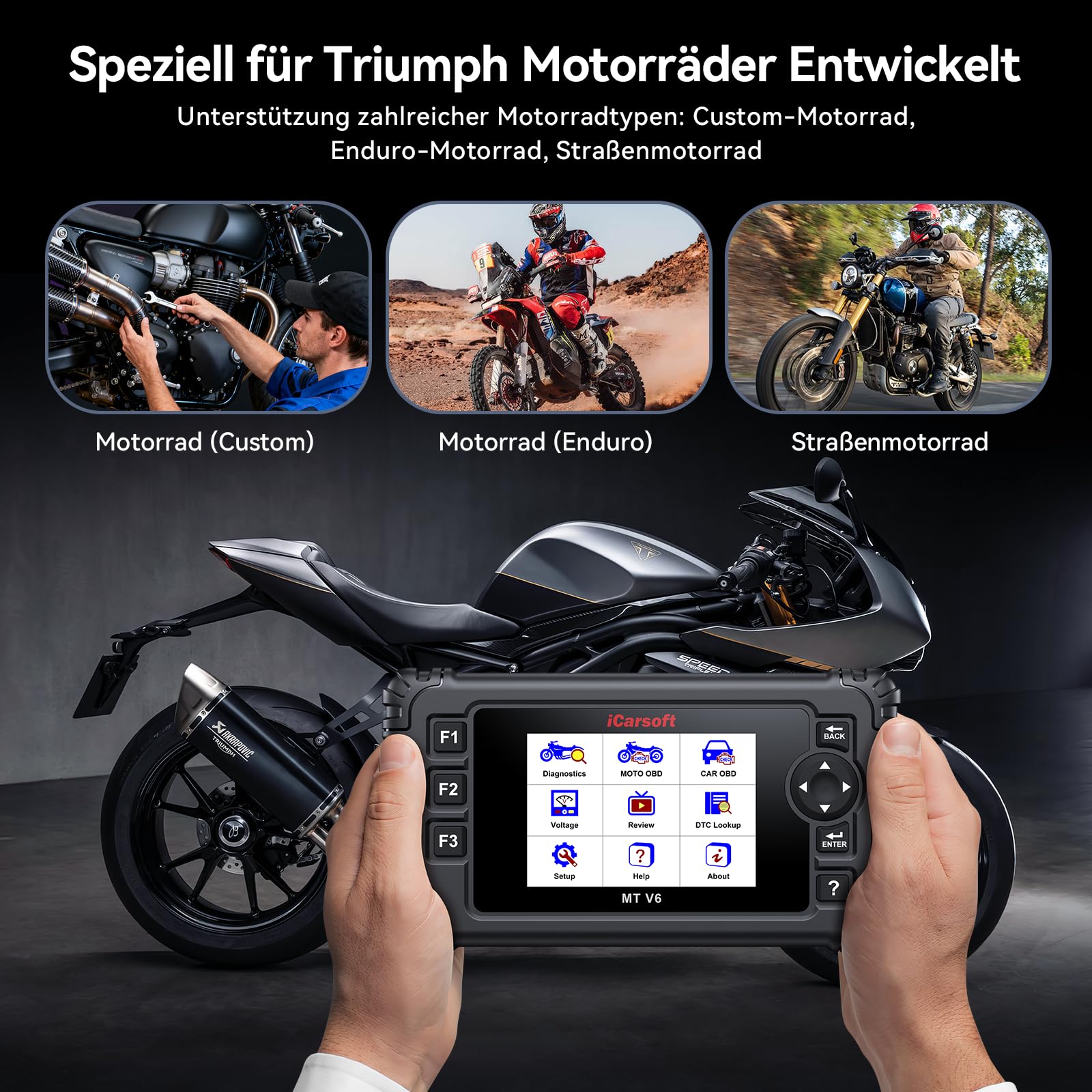 iCarsoft MT V6 Motorrad Diagnosegerät für Triumph, OBD2 Diagnosewerkzeuge für Motorräder mit Komplettsystem Auslesegerät 53 Service 55 Bidirektionaler Test AutoVIN Batterietest Lebenslange Updates
