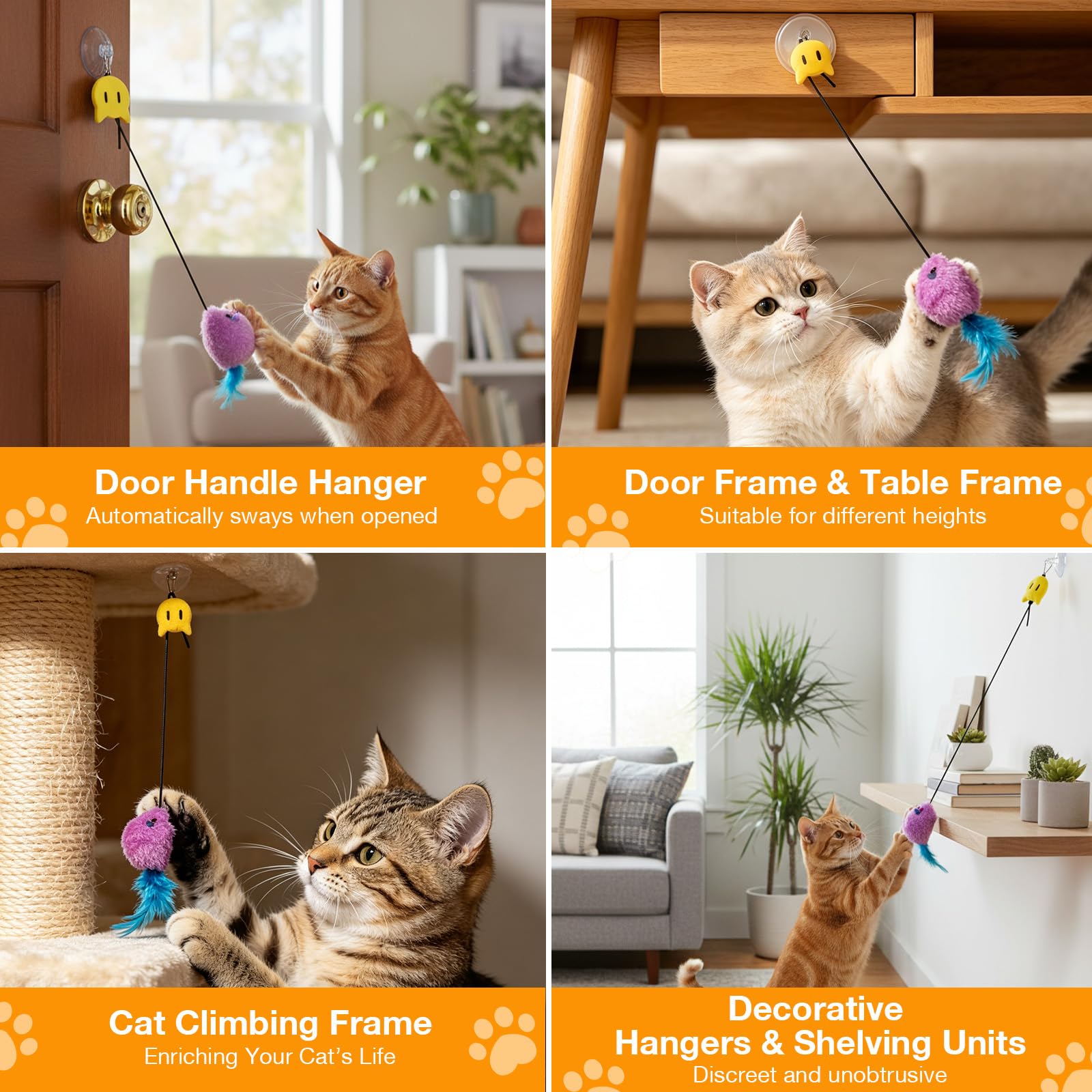 Romon Juguetes para Gatos, Set de 3 con Raton y Pájaro, Juguete Gatito Colgado de Puerta, Juguete Interactivo Gato con Cuerda Elástica Ajustable y Ganchos Adhesivos Transparentes