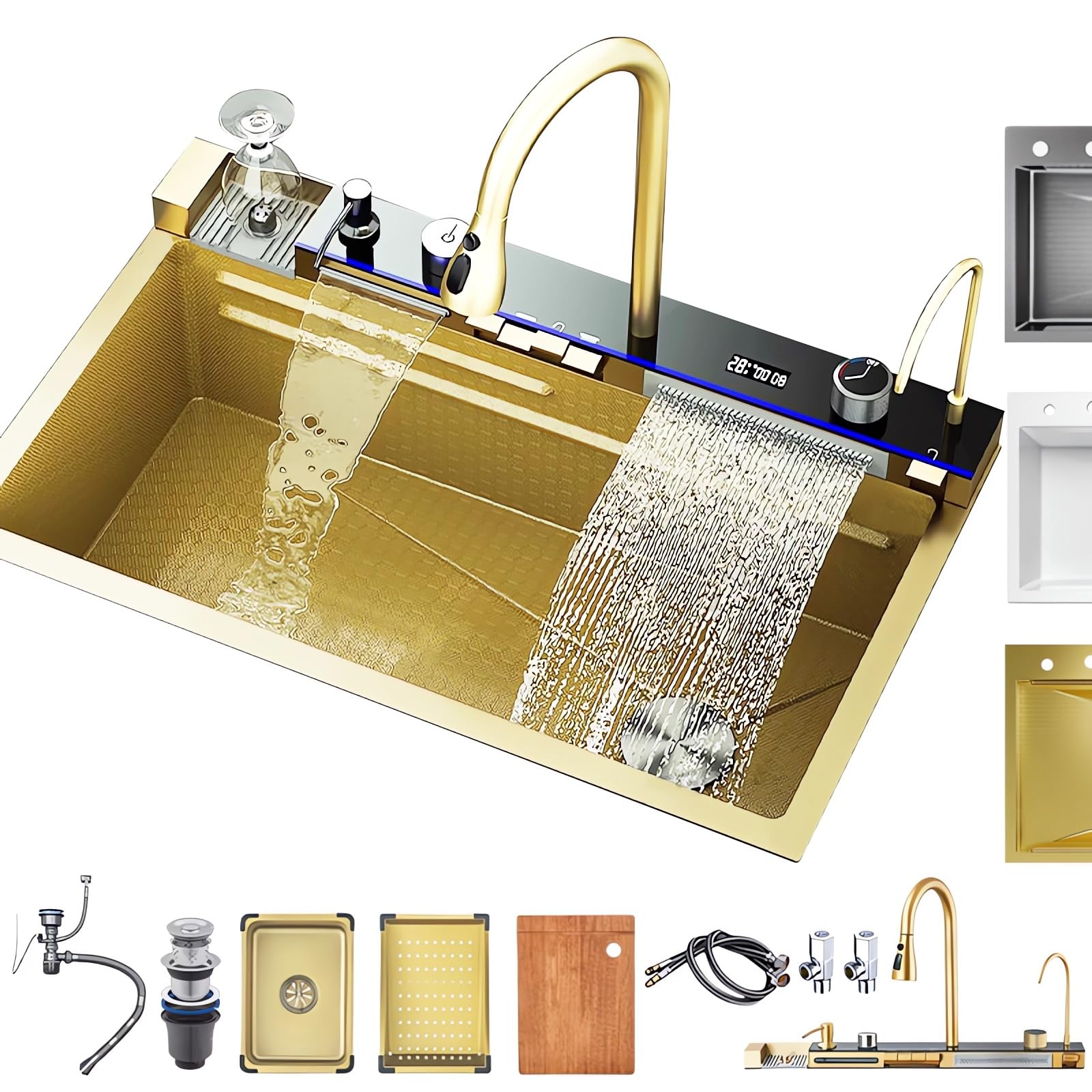 Fregadero viral multifuncional 80x45 CM, Fregadero inteligente cascada, Fregadero con escurridor cocina, Un lavatorio de cocina adecuado para la cocina y el restaurante (oro, 80X45CM)