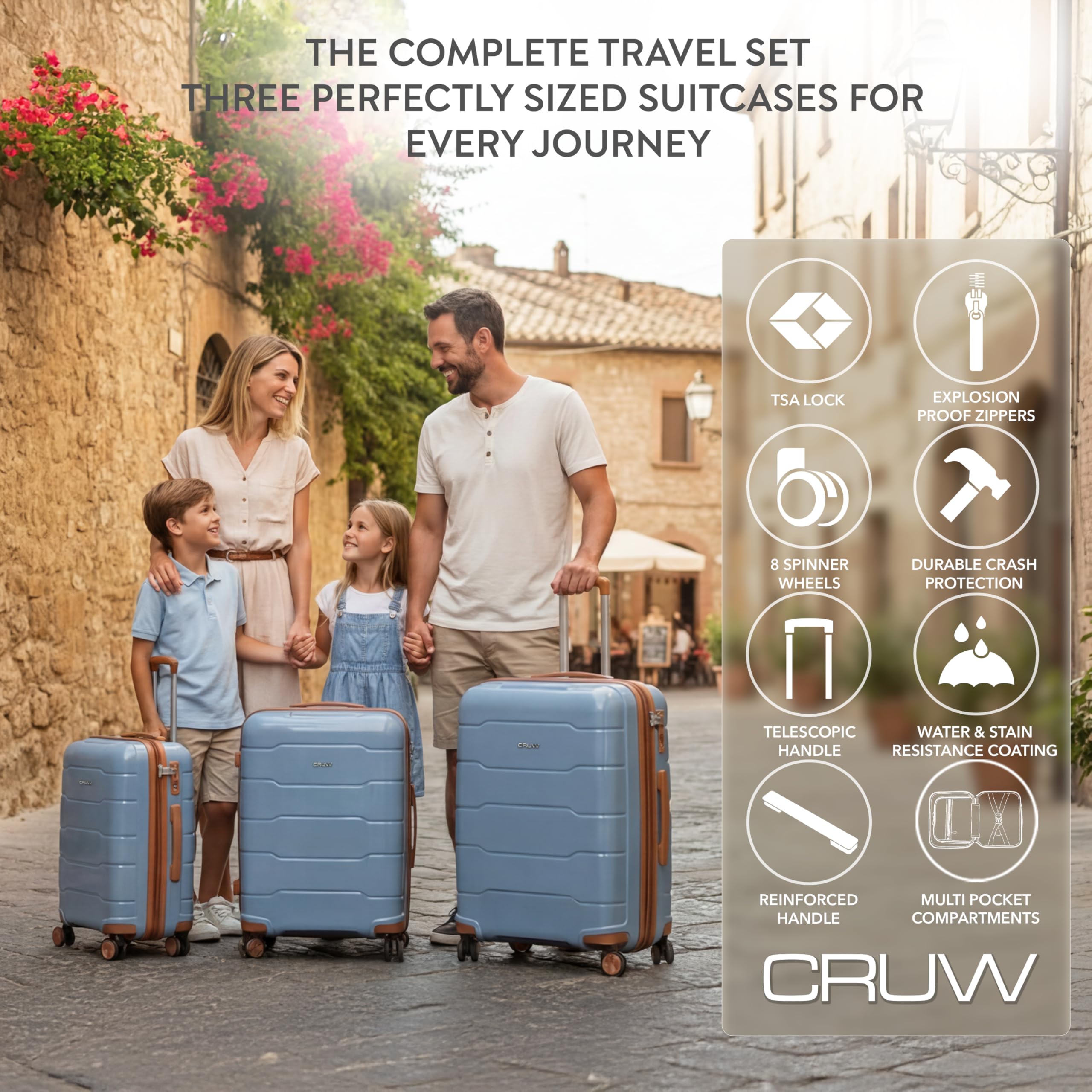 CRUW 3-Piece Luggage Set Expandable Polypropylene Suitcase Set TSA Locks 8 Silent Spinner Wheels Lightweight Nested Suitcases Travel Set easyJet British Airways Jet2 Approved Carry-On Blue/Tan