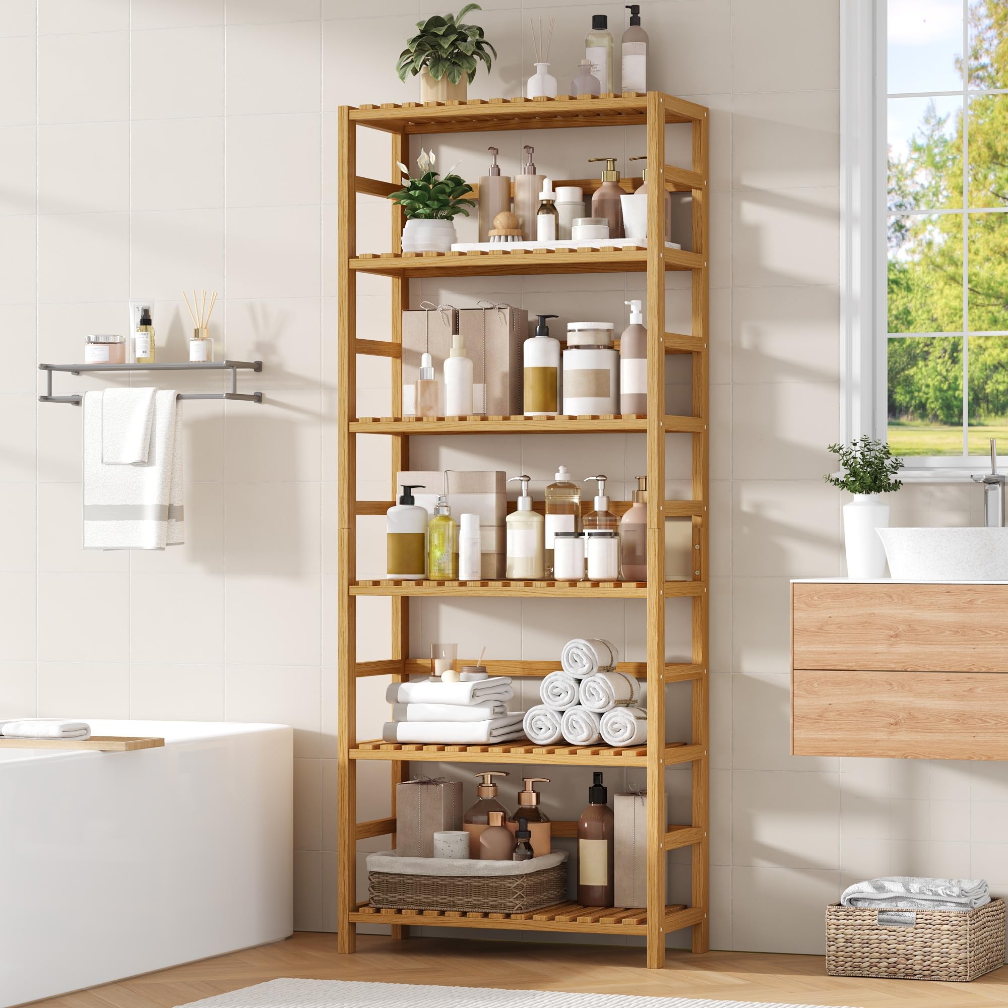 FOREHILL Estantería Bambú Baño de 6 Niveles, Estanterías Almacenaje Cocina | Eestantería Baño, Estantería de Almacenamiento, para Espacios Estrechos, 11 Posiciones Ajustables, Natural/Blanco 60x26x161cm