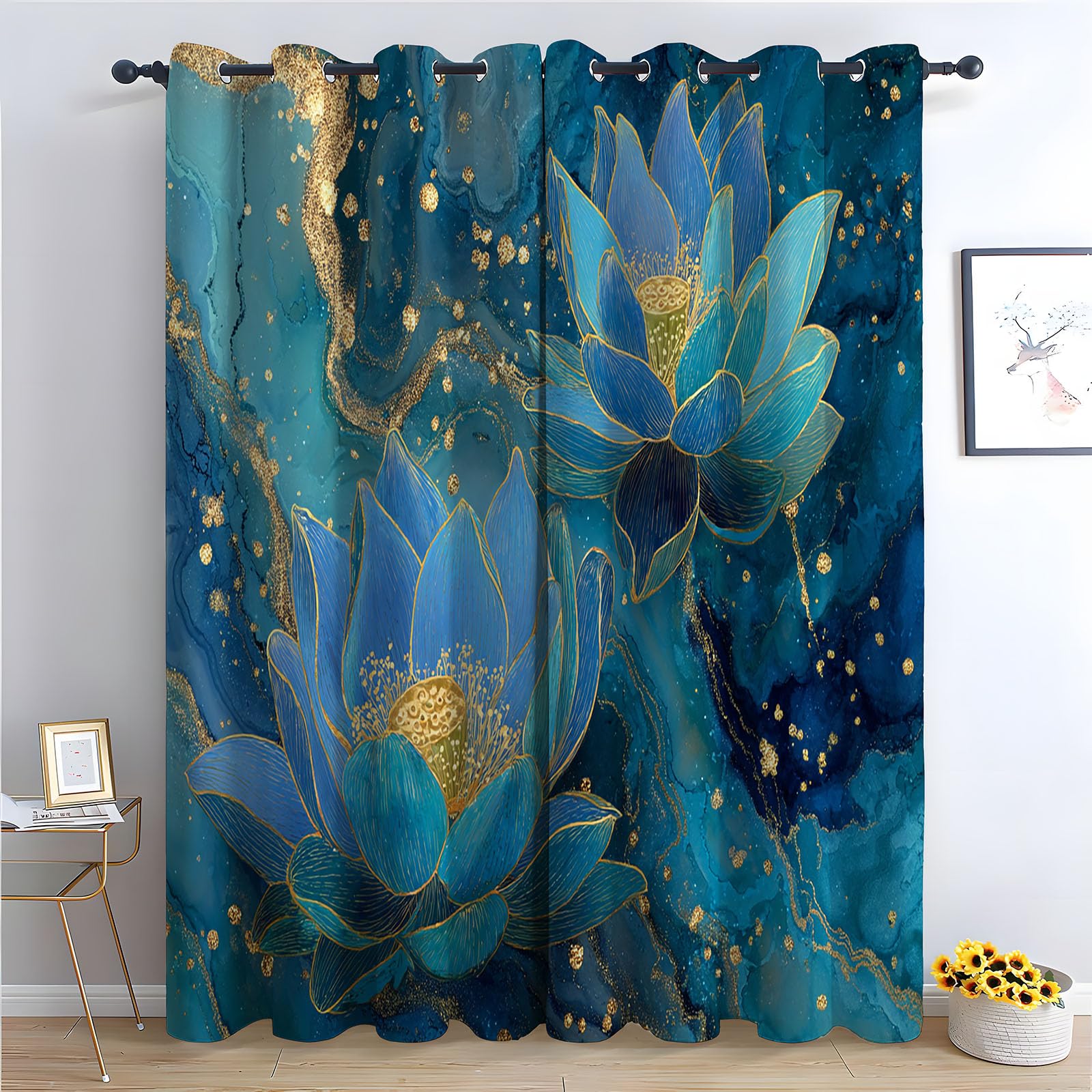 TERUEA Forest Curtains Gold line blue alcohol ink elegant zen floral Thermal Insulated 80% Blackout Curtains Print Pattern Room Darkening Window Drapes for Bedroom Living Room-63"W x 90"L (Pack of 2)