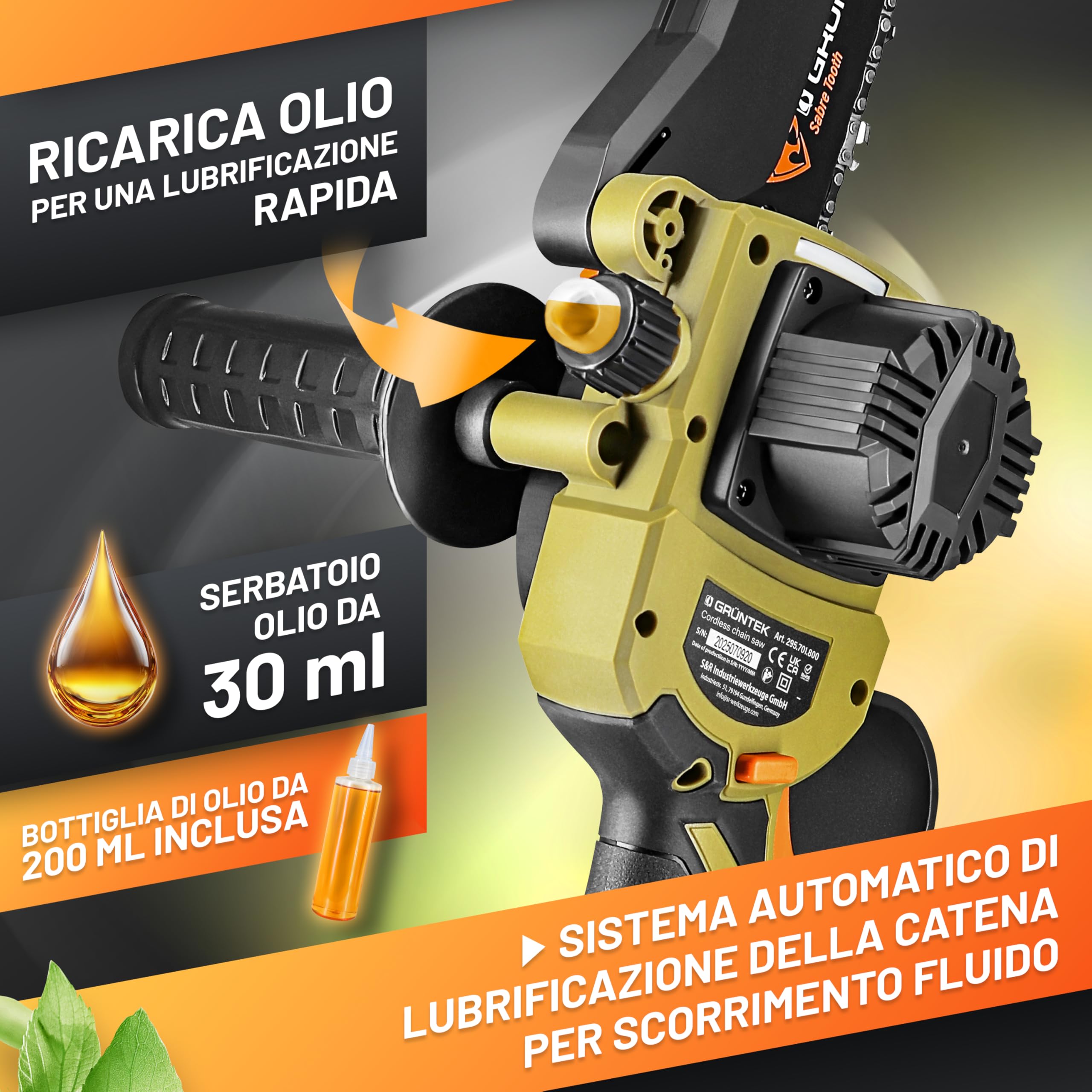 GRÜNTEK Mini Motosega a Batteria 1050W. Motosega Elettrica 6" e 8". Sega Elettrica per Potatura Brushless. Seghetto Elettrico per Legno. Lubrificazione Automatica. Potatore con 2 Batterie 21V.