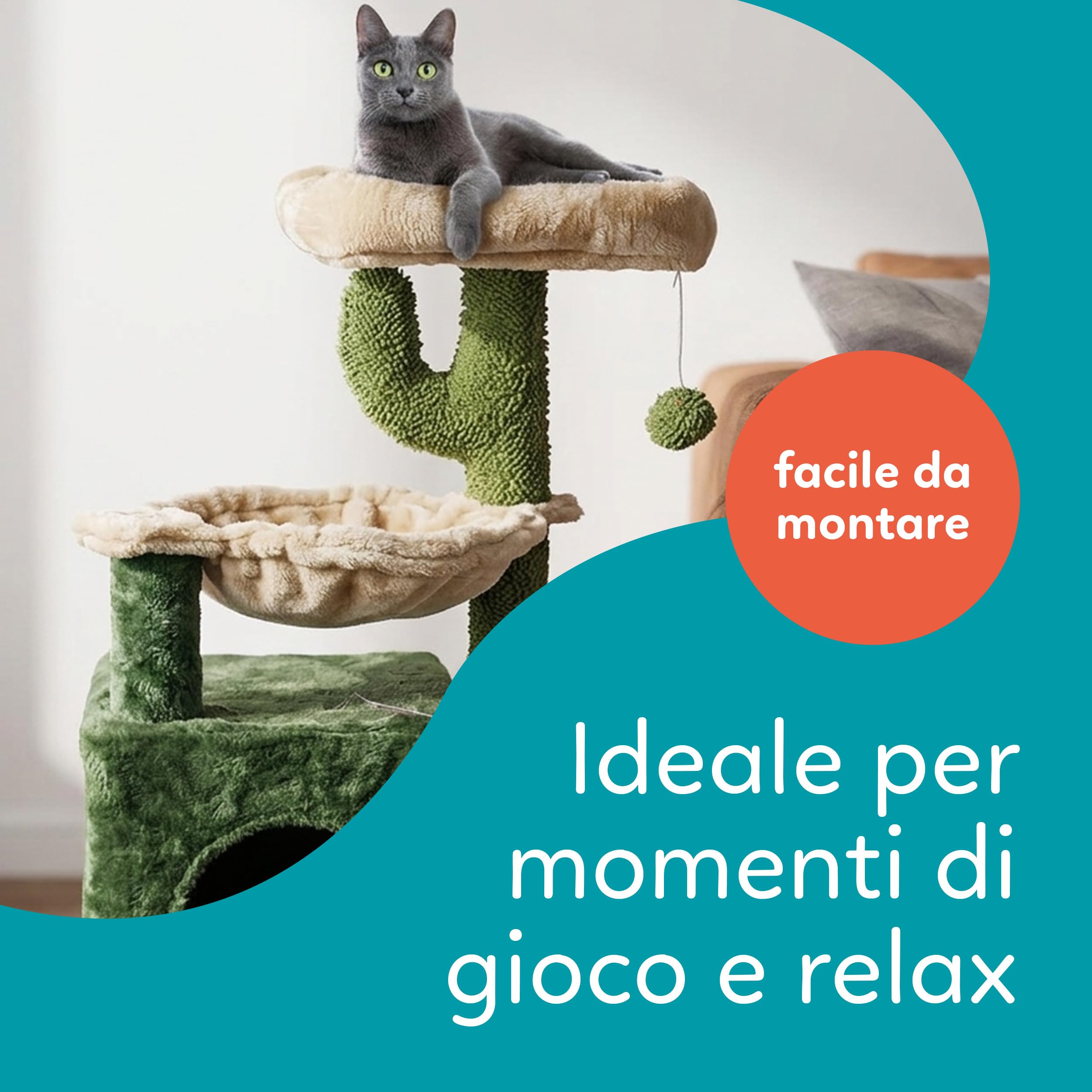 Aqpet Tiragraffi con Cuccia e Amaca in Sisal e tessuto, Alto 75 cm per il massimo divertimento del tuo gatto, Colore Beige/Verde