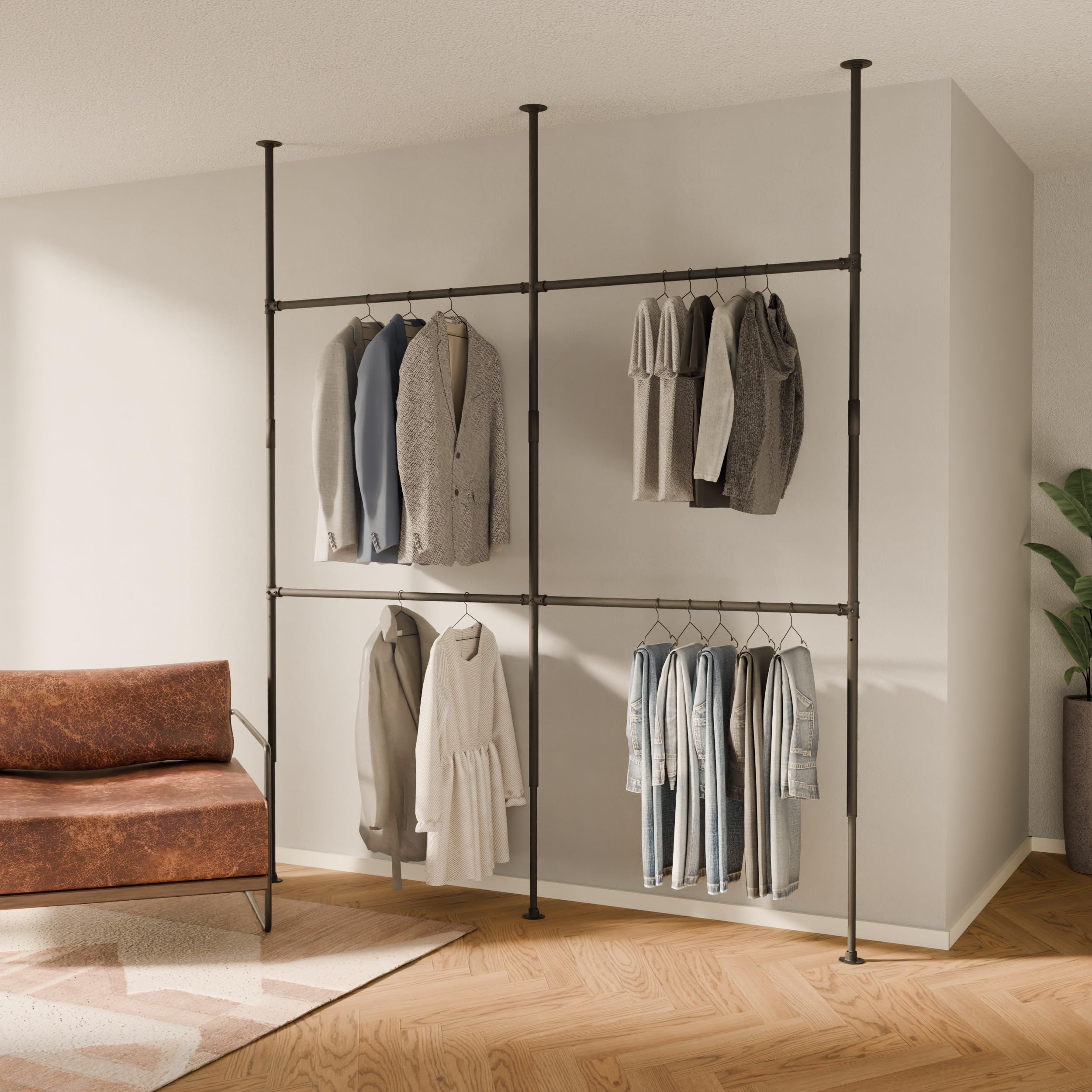 pamo Black Industrial Pipe Clothing Rack - LOFT II - Steplessly Adjustable Closet Organizer System for Ceiling Heights