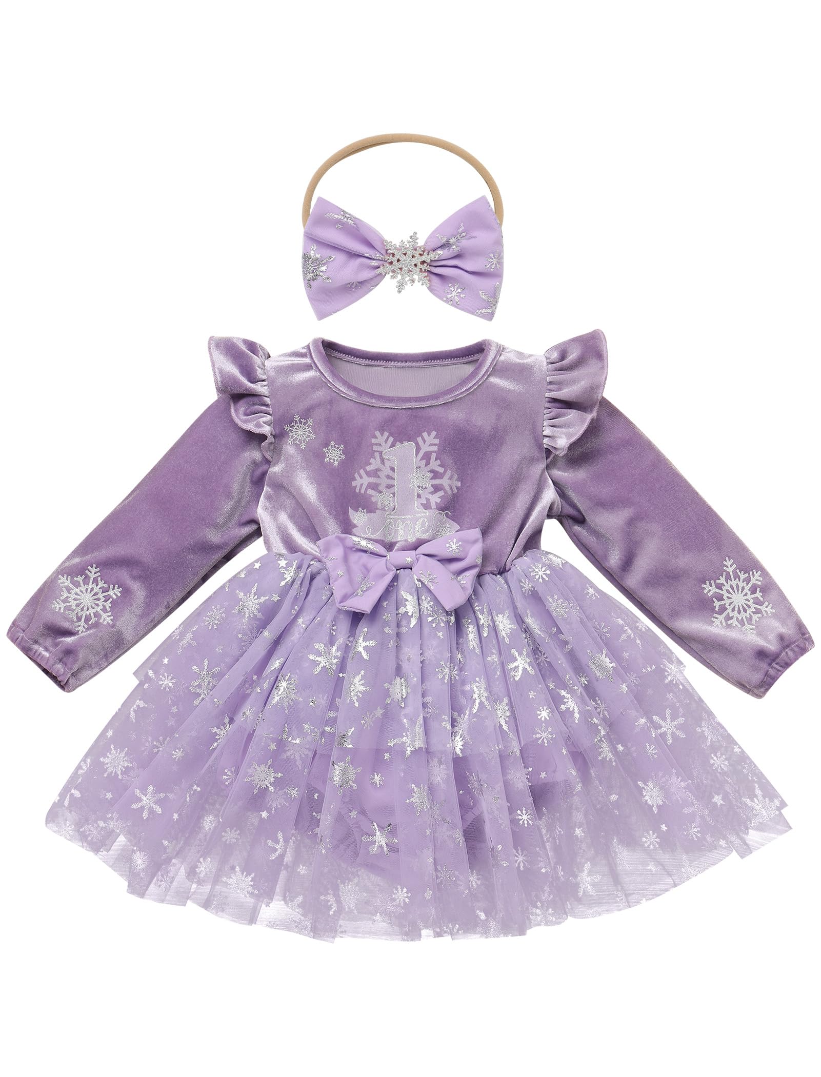 IMEKIS Winter Onederland 1st Birthday Girl Outfit: December First Birthday Smash Cake Baby Bubble Romper Long Sleeve Velvet Toddler Christmas Dress Silver One Photoshoot Purple Snowflake 9-12 Months