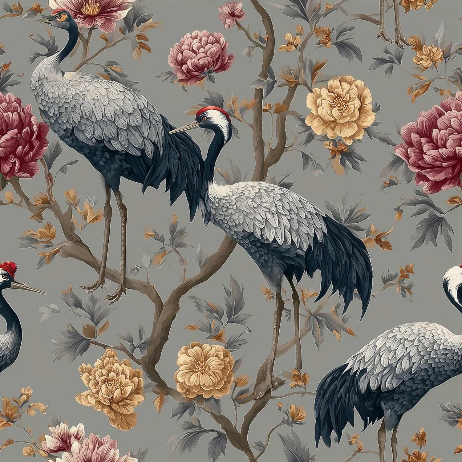 Cranes and Peony Wallpaper – Chinoiserie Peel and Stick Wallpaper for Home Decor | 17.7" x 236", Self-Adhesive, Waterproof Vinyl