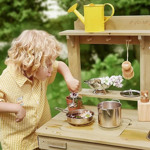 Miniatura 11 de Tiny Land Cocina de barro al aire libre para niños, cocina de madera con tanque de agua, juego de agua y cocina, diversión sensorial, resistente a