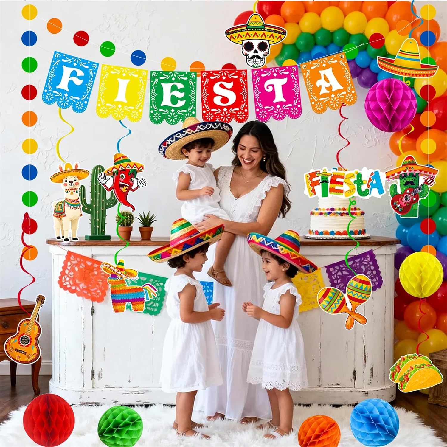 Fiesta Party Decorations Mexican Fiesta Banner Garland Hanging Swirls Honeycomb Balls Set for Cinco De Mayo Taco Mexican Theme Birthday Party Decor
