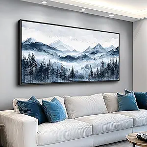 ERQINHUA Canvas Wall Art For Bedroom Large Wall Decor For Living Room Modern Office Mural Misty and Fog Forest Painting Mountain Landscape Picture Artworks Home Decor Black Framed Ready To Hang