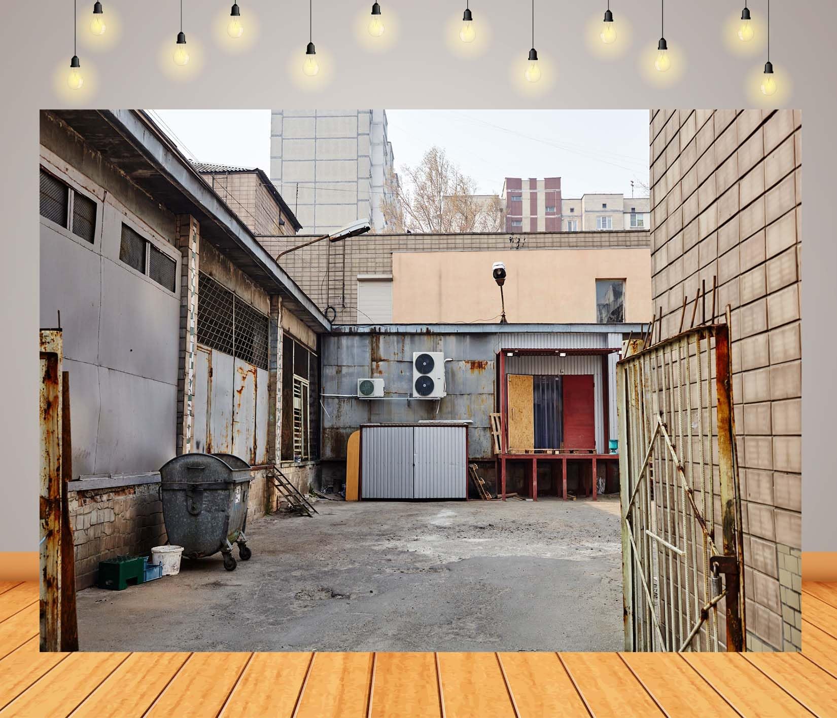 20x10FT (6x3m) Cortile Di Servizio Industriale Sfondo Fotografico | Officina Usurata Nel Retro Cortile Fondale In Tessuto,Cancelli Metallici Impianti,Per Eventi Urbani E Ritratti,Photo Booth