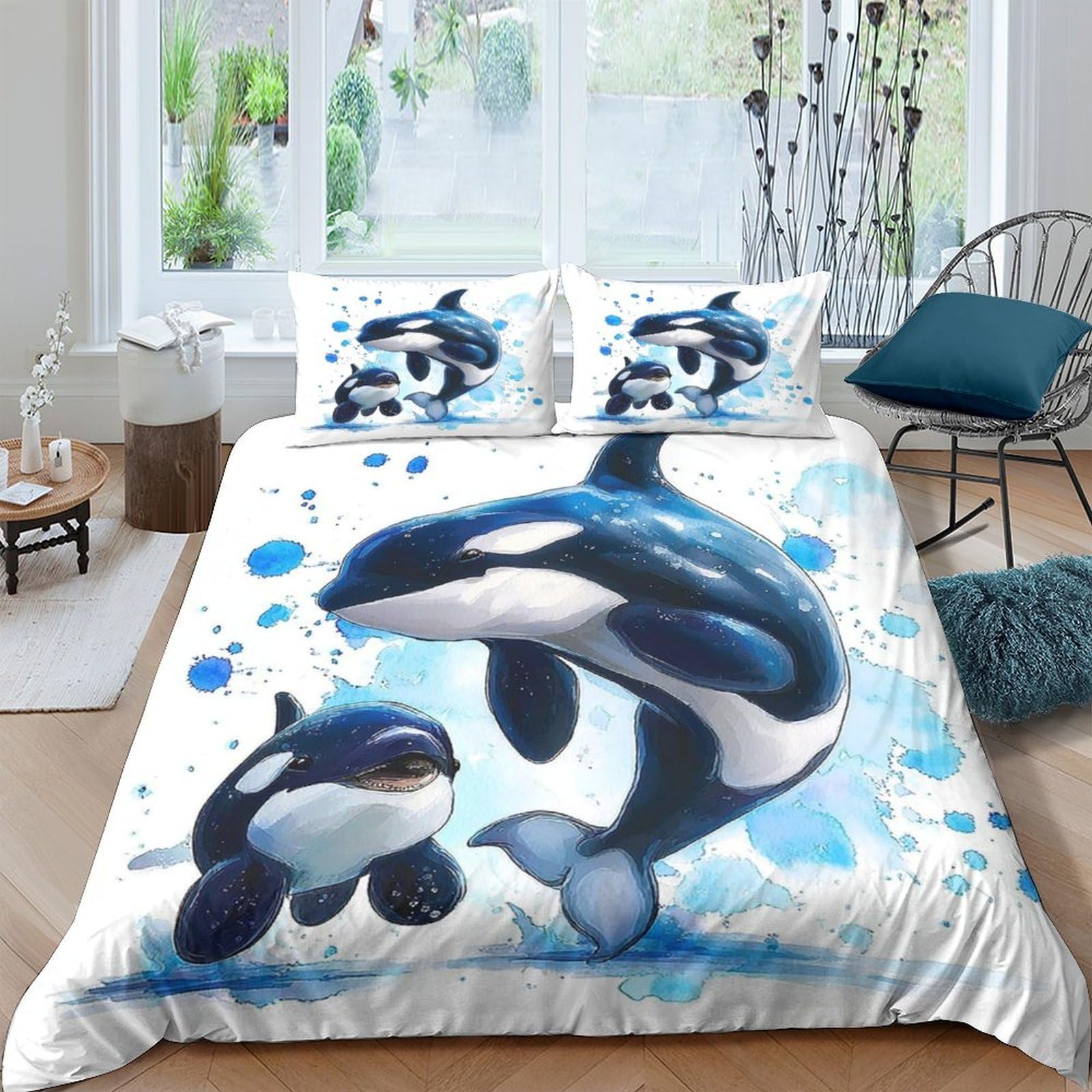 Ctjqhvkz Style-3 3D Printed Orca Whale Fitted Sheet Microfiber Soft Blue Ocean Marine Animal Bed Cover For Bedroom Dorm Mattress Decor Single（135X200cm）