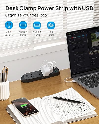 Miniatura 2 de TROND Regleta de alimentación con abrazadera de escritorio USB C PD 20 W, protector de sobretensiones con 4 salidas de CA, 4 puertos USB, cable de