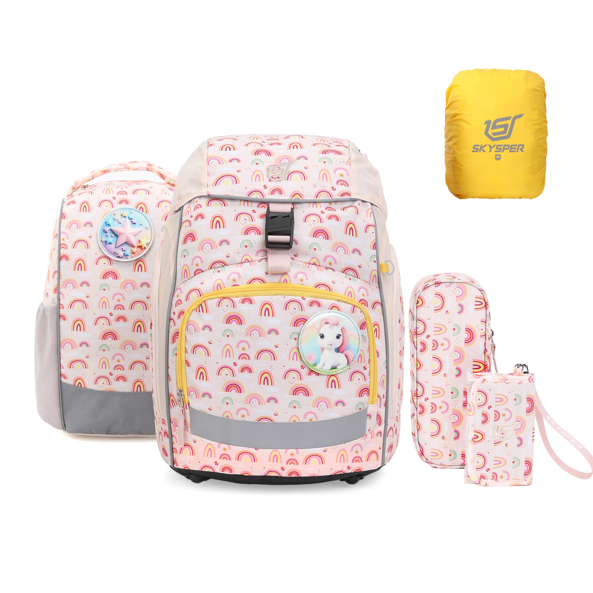 SKYSPER Set Zaino Ergonomico per Bambini 5 Pezzi Set per la Scuola Zaino con copripioggia e strisce riflettenti Prima Elementare Viaggio Scuola Sport Attività all'Aperto