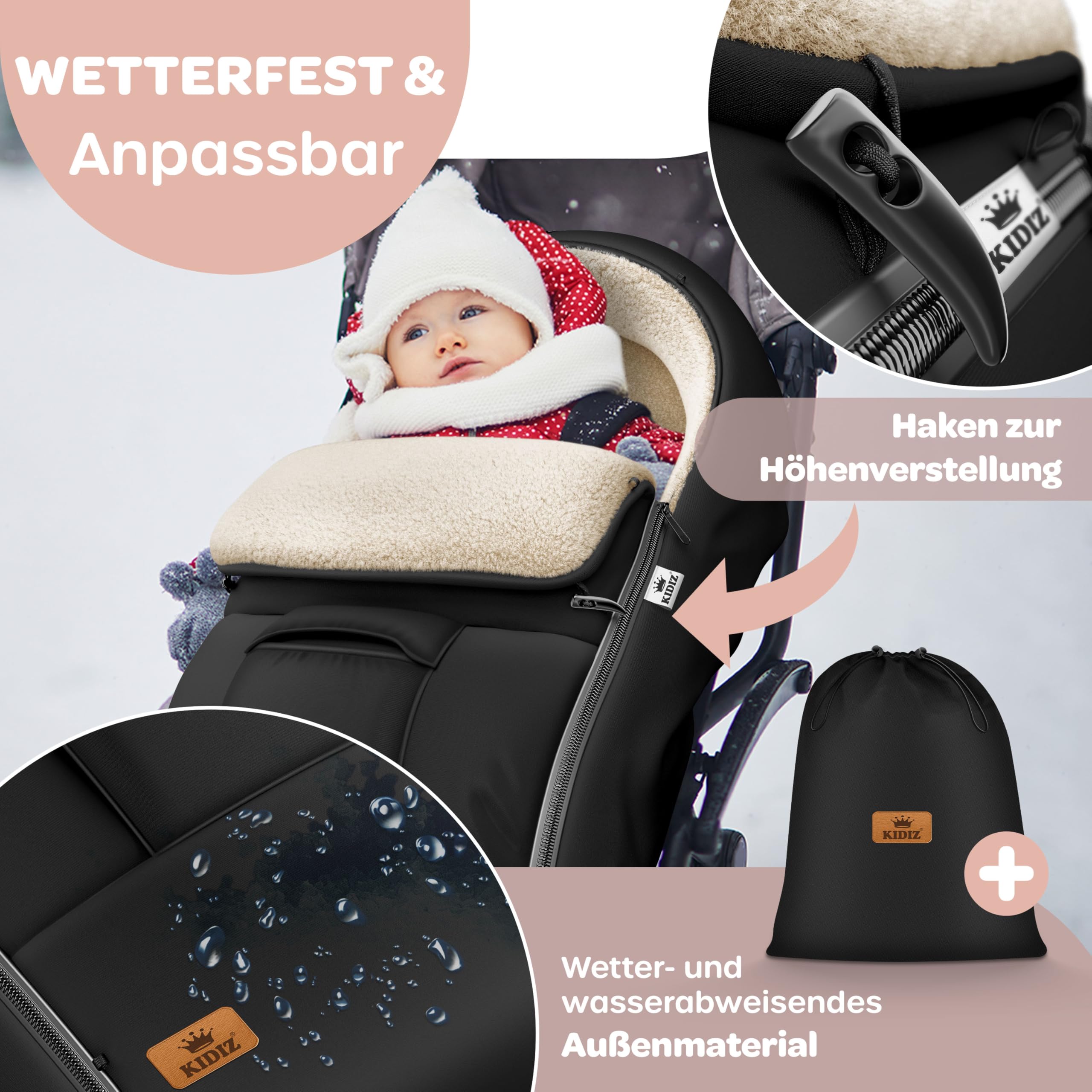 Kidiz Babyfußsack Winterfußsack Kinderwagen Universal Lammfleece wasserdicht winddicht 3- & 5-Punkt-Gurt Schwarz