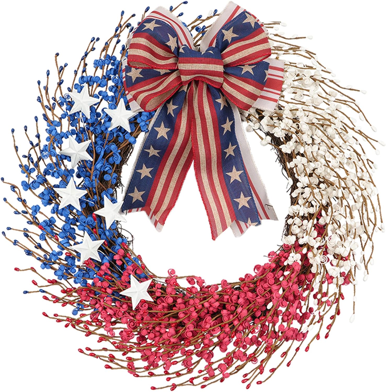 Idyllic 22 Inch Large Patriotic Wreath with Red White Blue PE Ribbons & White Stars - 4th of July Memorial Day Front Door Decor, Outdoor Holiday Wreath