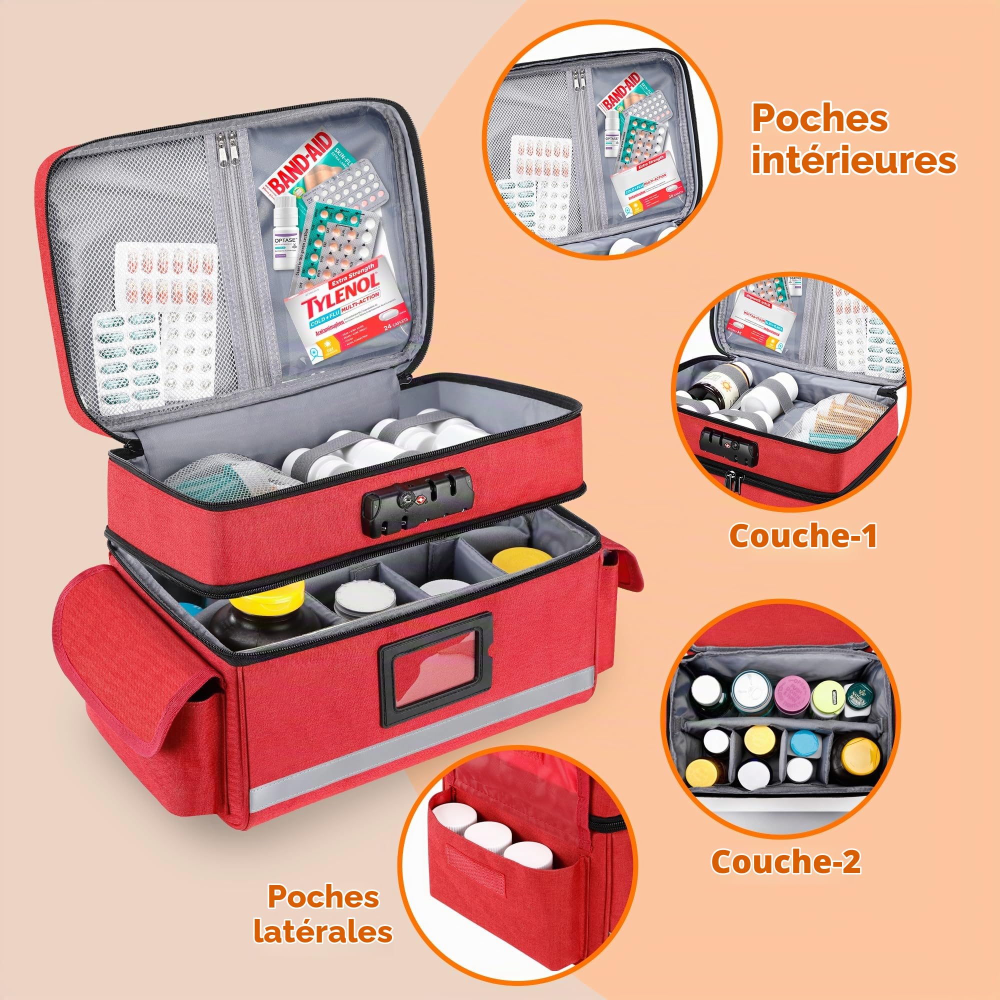 Zannaki Sac de rangement pour médicaments avec serrure à combinaison, double couche, pilulier vide, boîte de verrouillage de médicaments avec fermetures éclair pour ordonnance, vitamines, suppléments