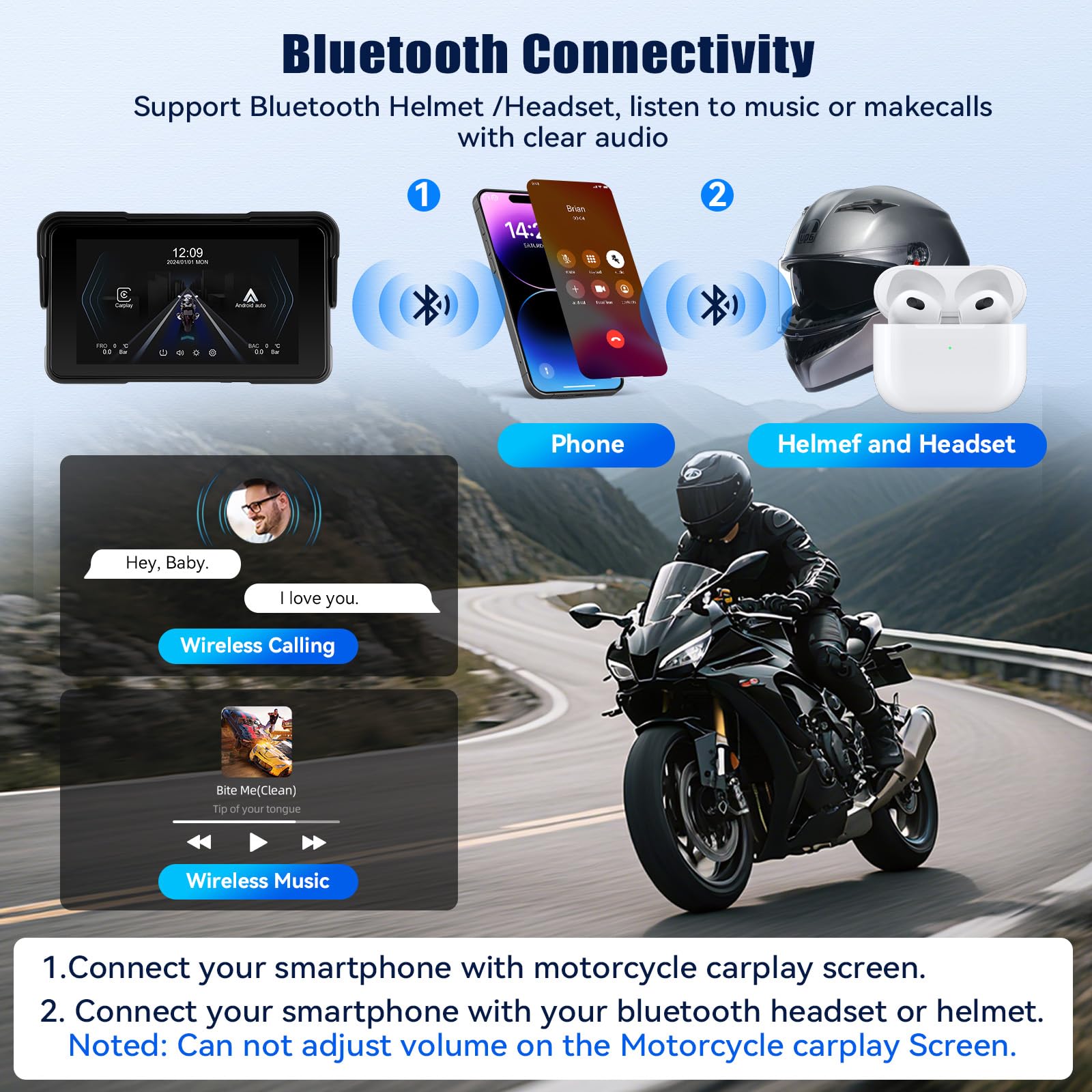 GPS Carplay Moto Dashcam Portable für Carplay Wireless Android Auto, 5-Zoll-Touchscreen, GPS Dashcam Moto mit GPS-Navigation, Siri, G-oogle Assistant, Bluetooth, IP68 wasserdicht