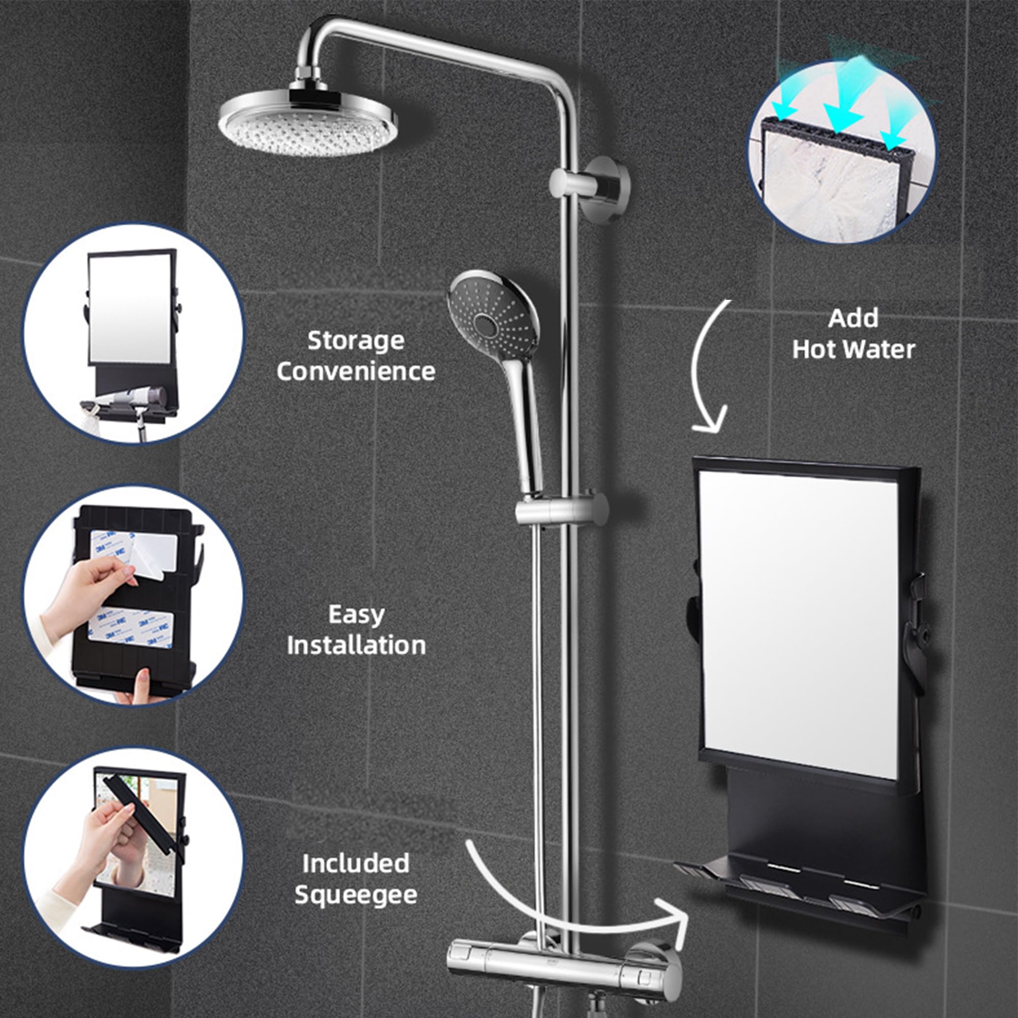 Specchio Da Barba Per Doccia Antiappannamento - Con Supporto Rasoio, Nero, Infrangibile - Foto 4