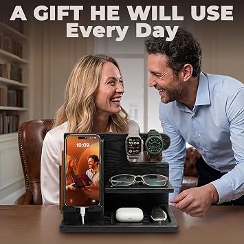 TESLYAR Wood Phone Docking Station for Men - Desktop or Nightstand Organizer - Birthday Gifts for Men, Dad - Anniversary Idea from Wife - Key Holder, Stand Wallet, Watch & Essentials (Granite Black)