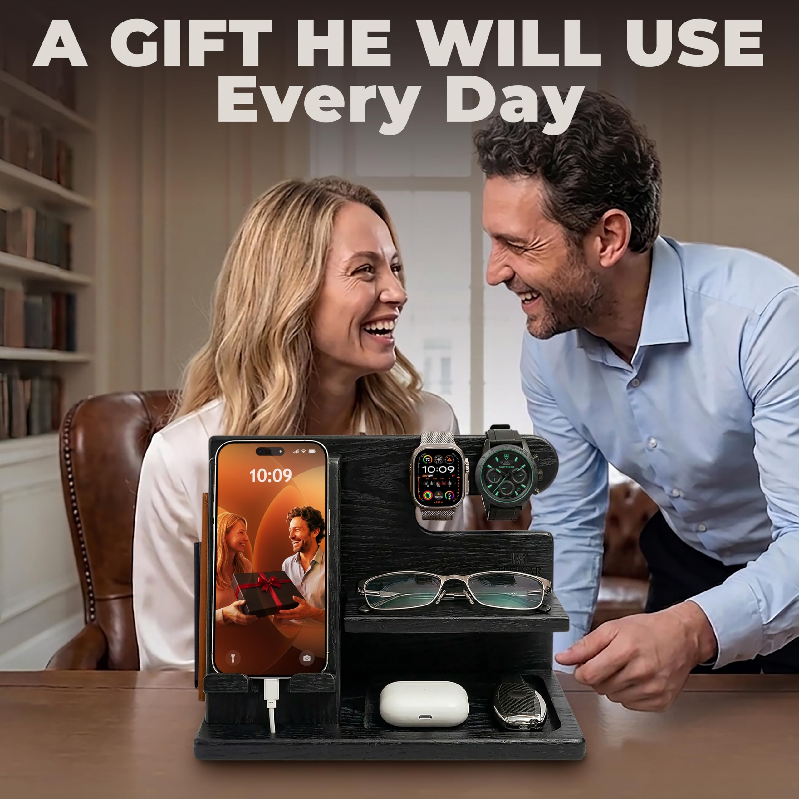 Teslyar Docking Station in legno di frassino per smartphone, organizer da comodino con portachiavi, supporto per portafoglio e orologio, regalo per uomo papà marito, anniversario compleanno (Nero)