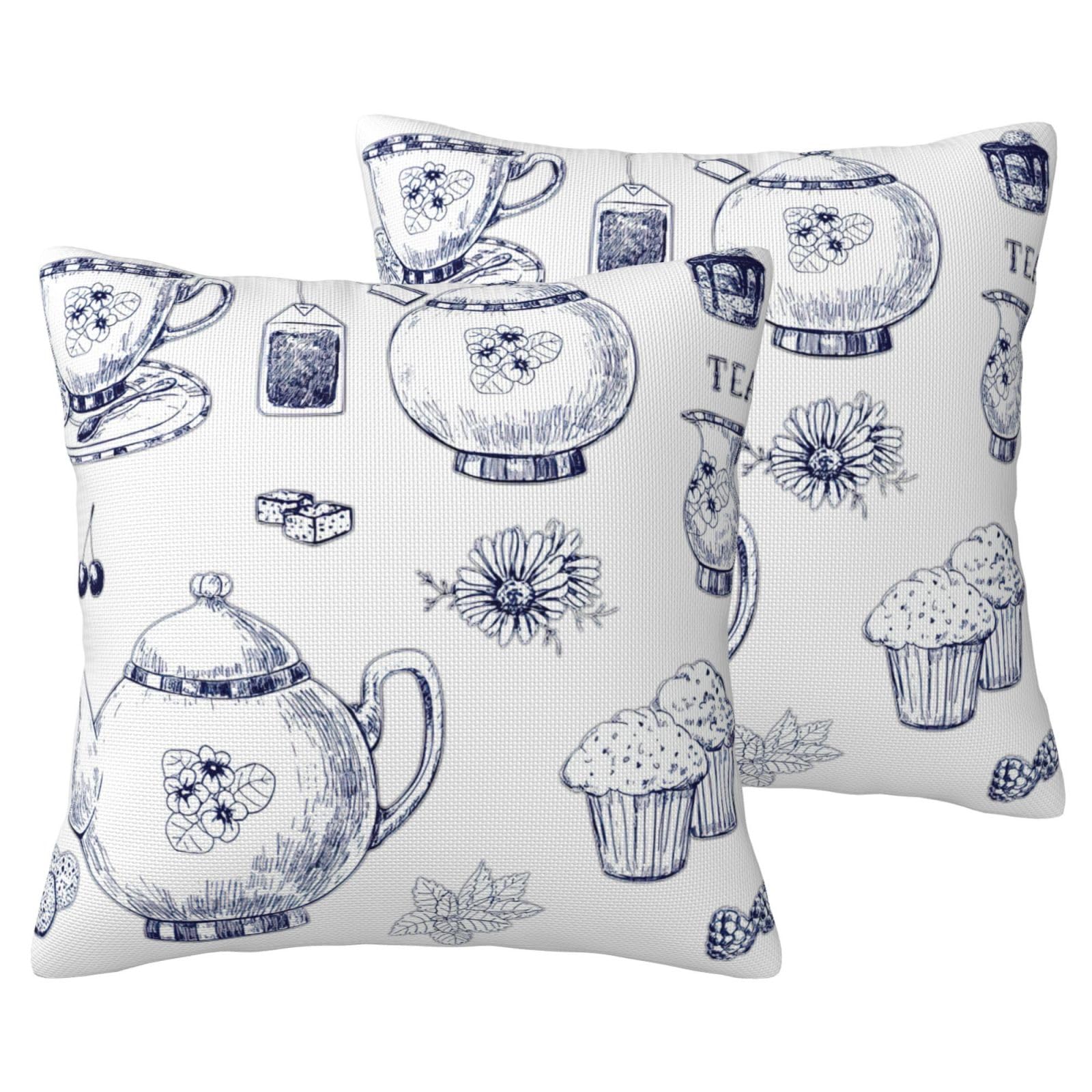 Lot de 2 housses de coussin imitation lin théière tasses pour canapé