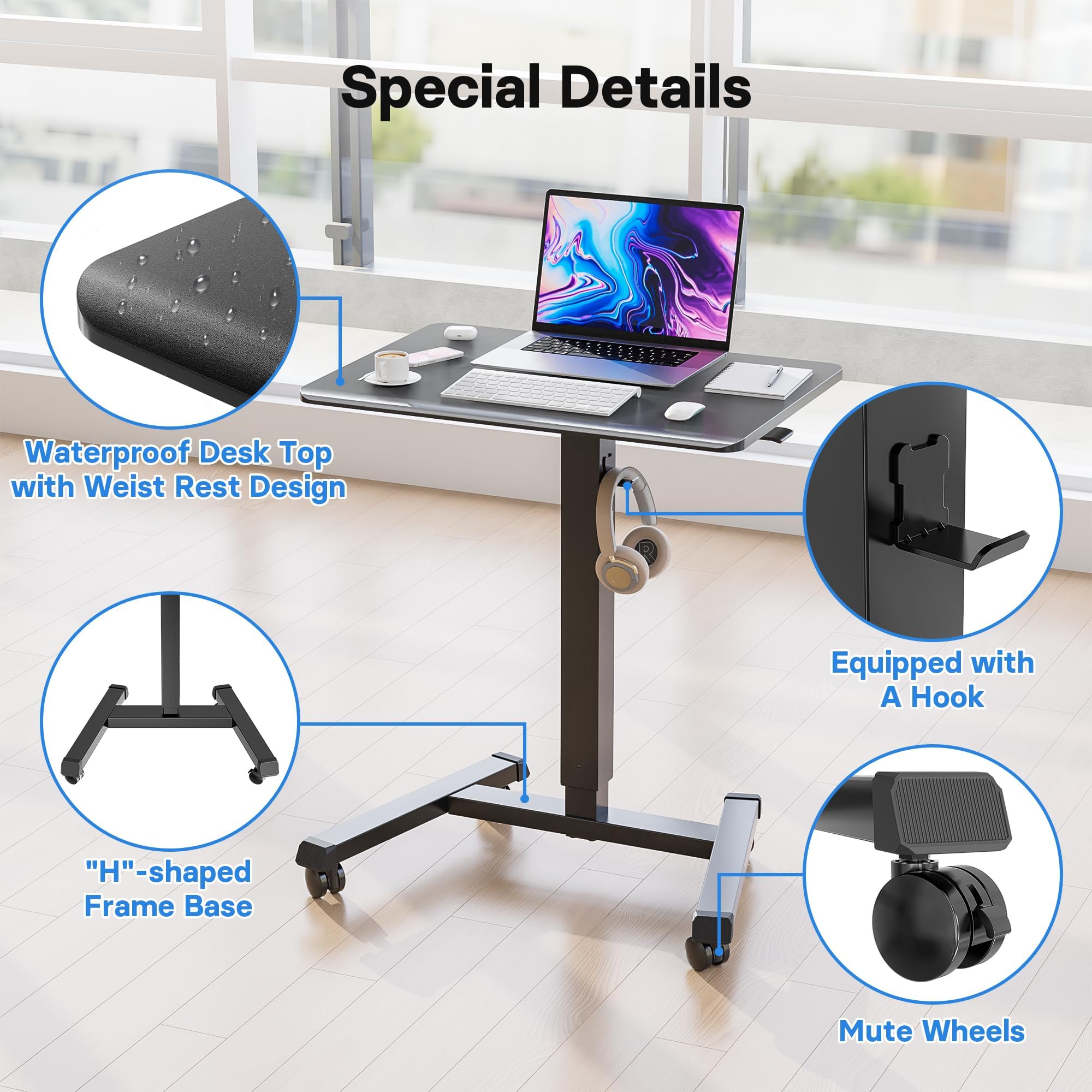BONTEC Mobile Standing Desk Adjustable Height Rolling Laptop Cart with Hook Portable Workstation with Pneumatic Lift Ergonomic Table — view 7