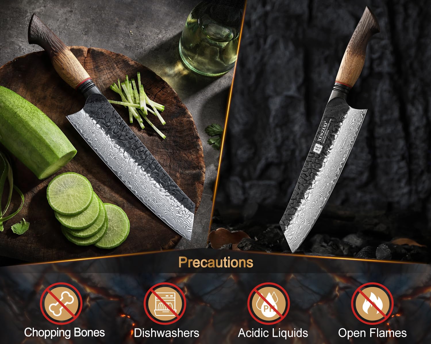 XINZUO 8.3 Inch Kiritsuke Chef Knife, Forged 67 Layers 10Cr15Comov High Carbon Damascus Steel Professional Kitchen Knife,Super Sharp，White Oak + Red G10 Gasket Handle — Amazon image 9