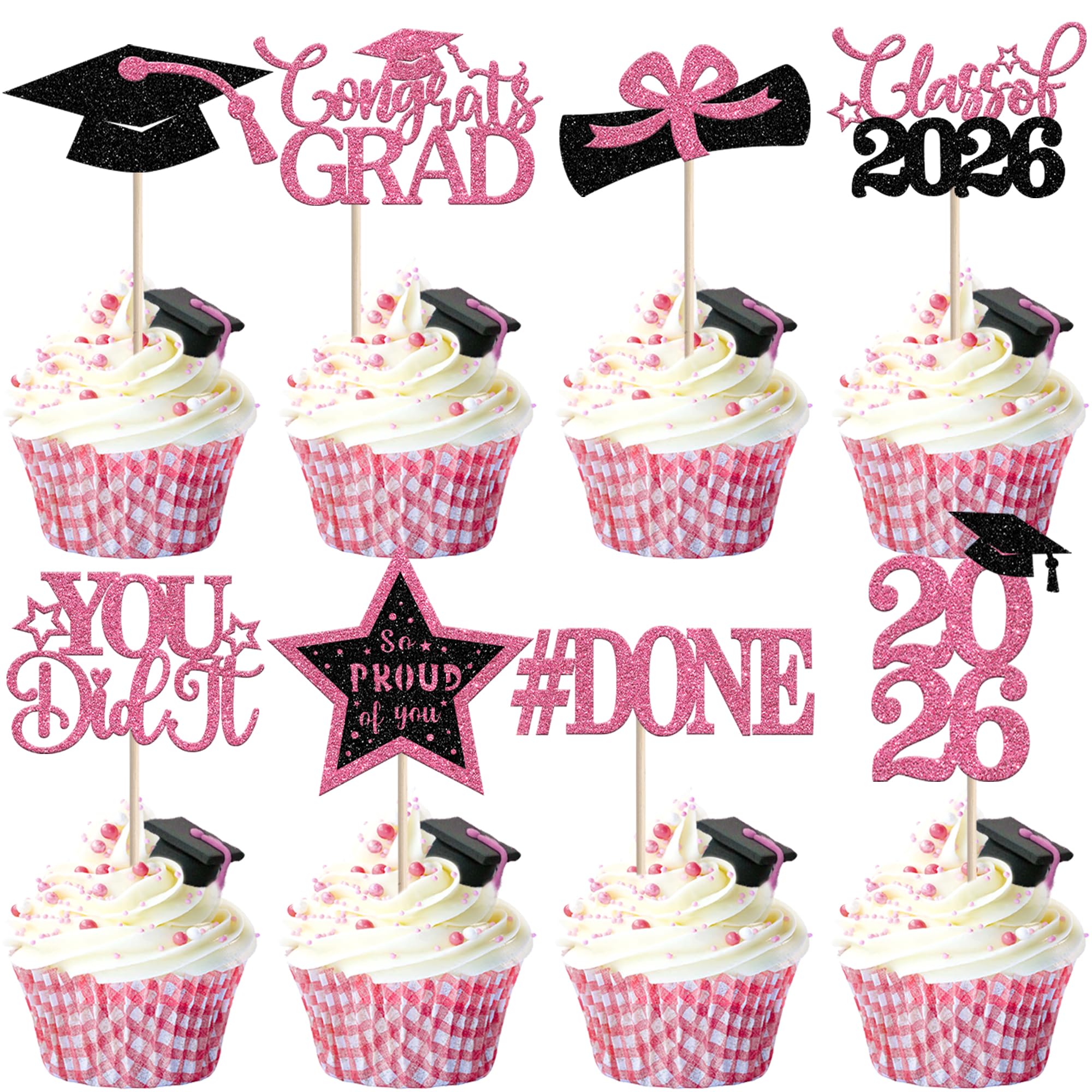 Xsstarmi 24 Pack 2026 Graduation Cupcake Toppers Pink Glitter Star You Did It Diploma Done Cupcake Picks for Congrats Grad 2026 Graduation Party Cake Decorations Supplies