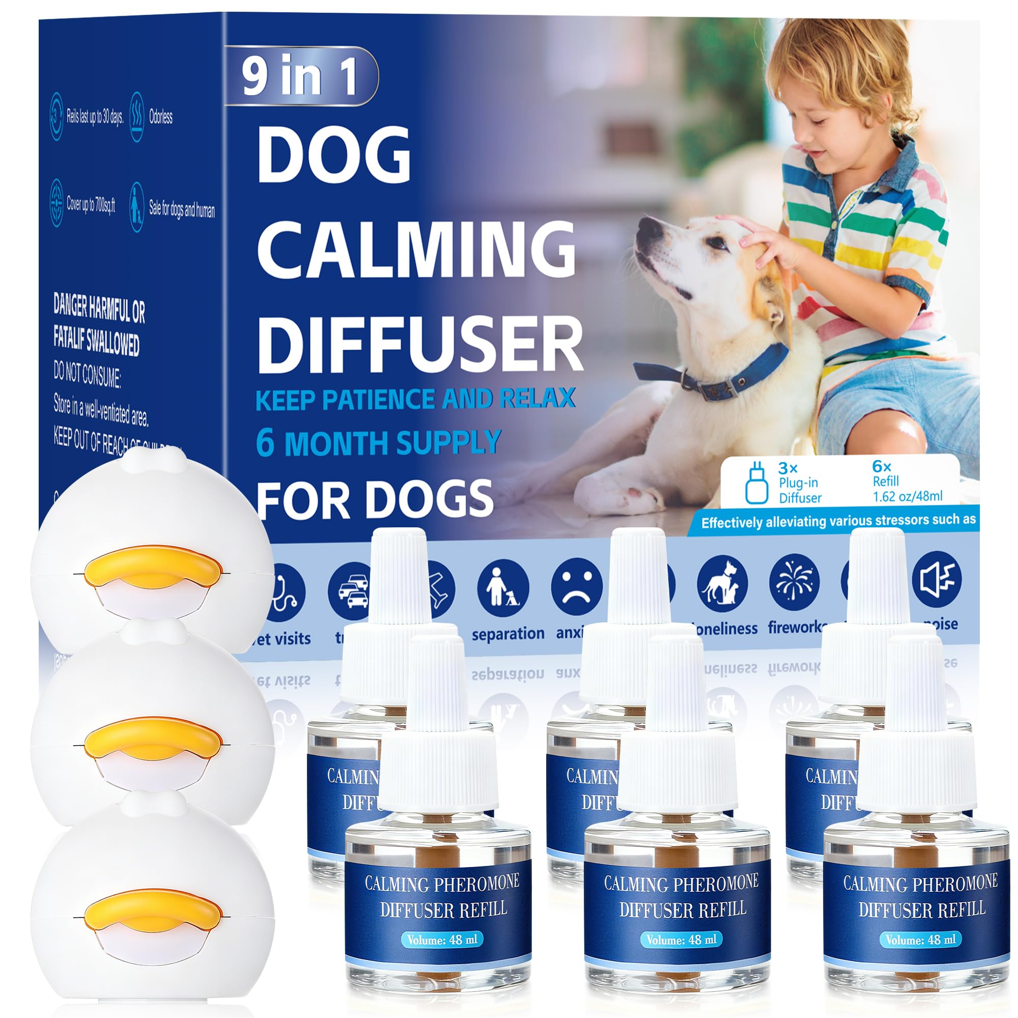 9-IN-1 Hund beruhigende Pheromon Diffuser (3 Stecker in + 6 Refills), Entlastung Angst, Sturm Stress & Indoor Verhalten Unterstützung, 180 Tag, Geruchlos sichere Formel