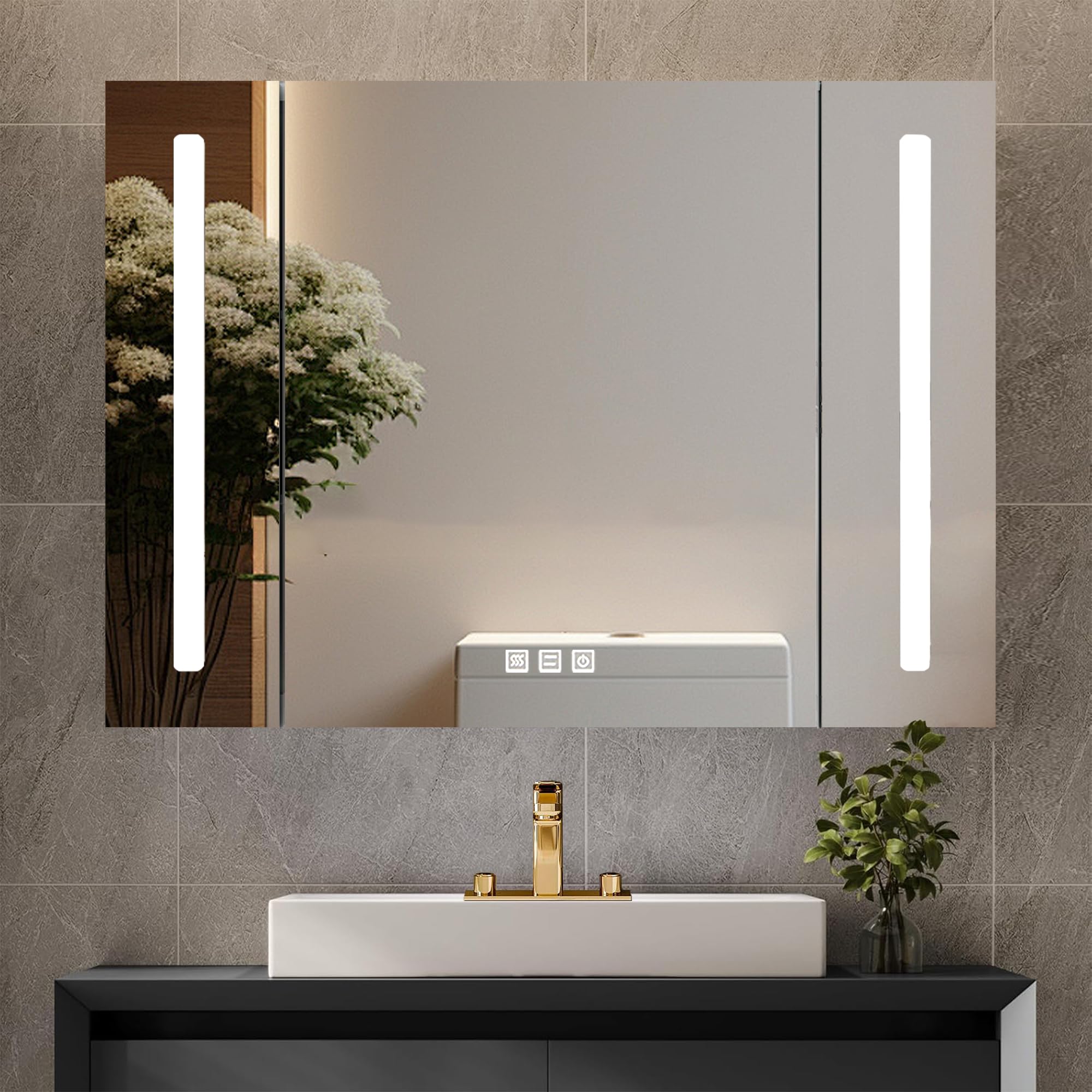 Bathlink 36 × 31.5 Inch LED Medicine Cabinet Mirror, Recessed or Wall Mounted 3-Door with Soft-Close, Defogger, Adjustable Color Temperature, Stepless Dimming, Tempered Glass