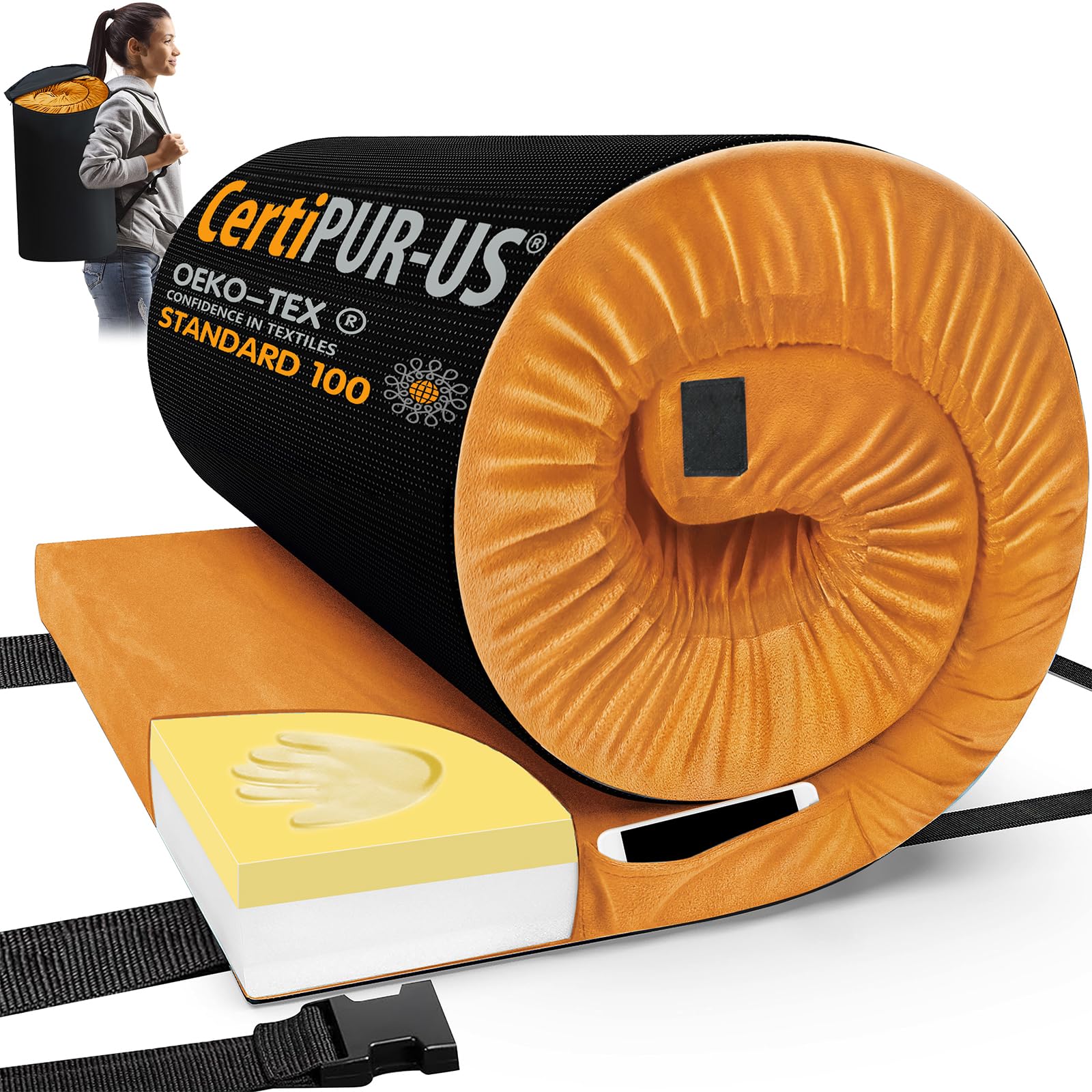 CYMULA Memory Foam Camping Mattress Pad, CertiPUR-US Sleeping Mat, Portable Roll Up Mattress for Adults, Camping Bed Pads for Sleepover, Car Bed with