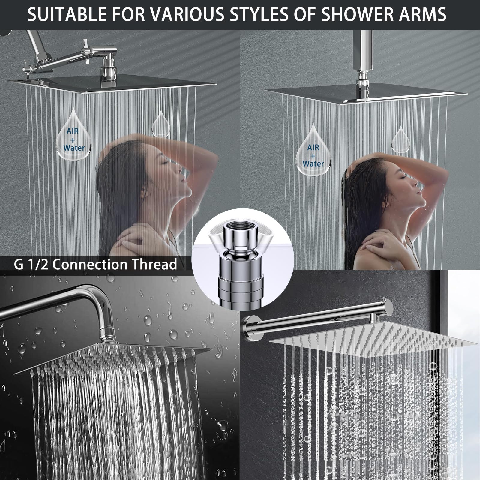 Cabezal de Ducha Tipo Lluvia, Cabezal de Ducha Tipo Lluvia Cuadrado de Acero Inoxidable de Alta Presión y Alto Caudal, Increíble Experiencia de Ducha Incluso con Poco Caudal de Agua (30cm, Cromo)