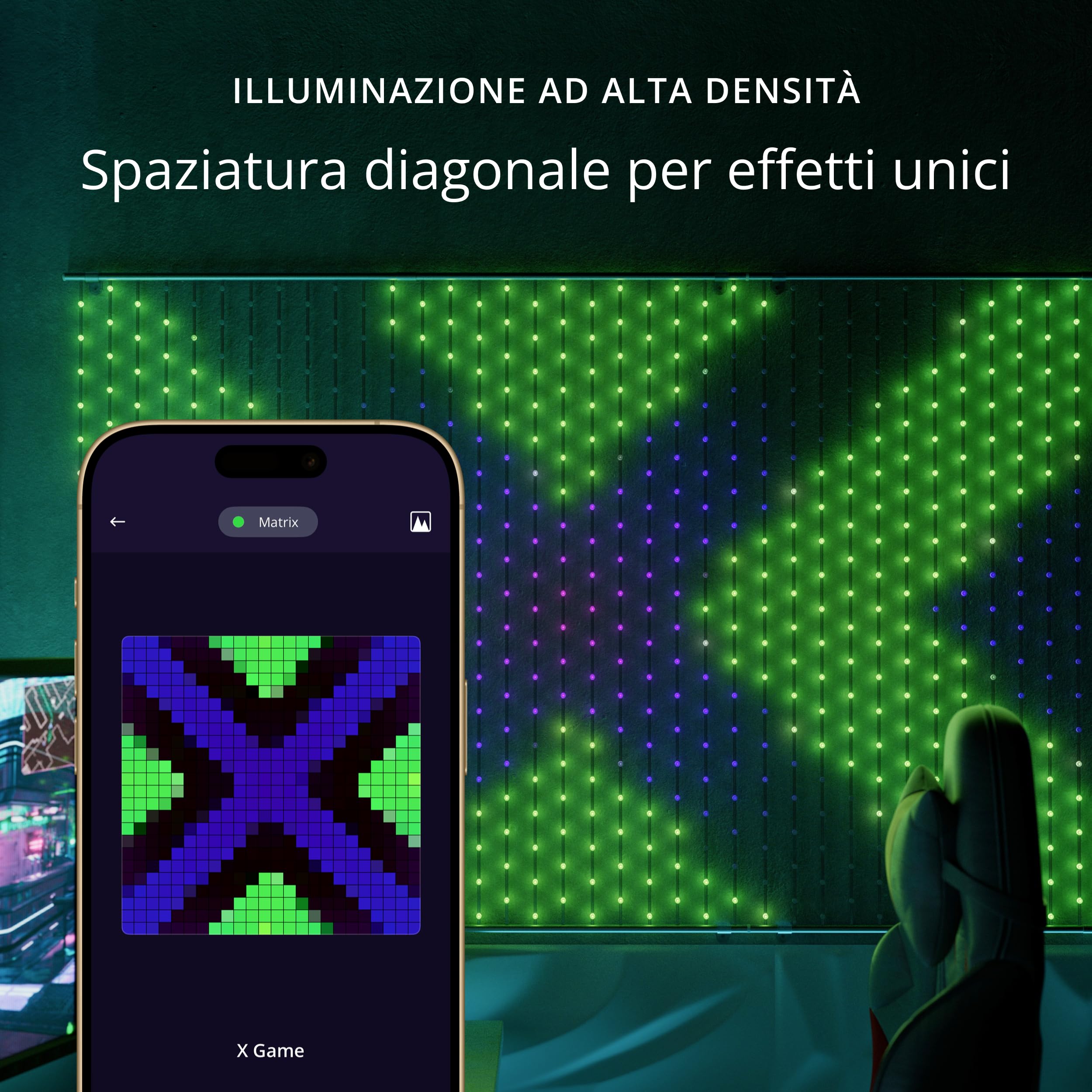 Twinkly Matrix 480 LED RGB, Tenda LED Alta Densità, Luci Smart Multicolore Gaming RGB, Compatibile con Razer Chroma, Omen, Alexa, Google Home, Luci Gaming, Controllo App, Filo Trasparente, 1m x 1m