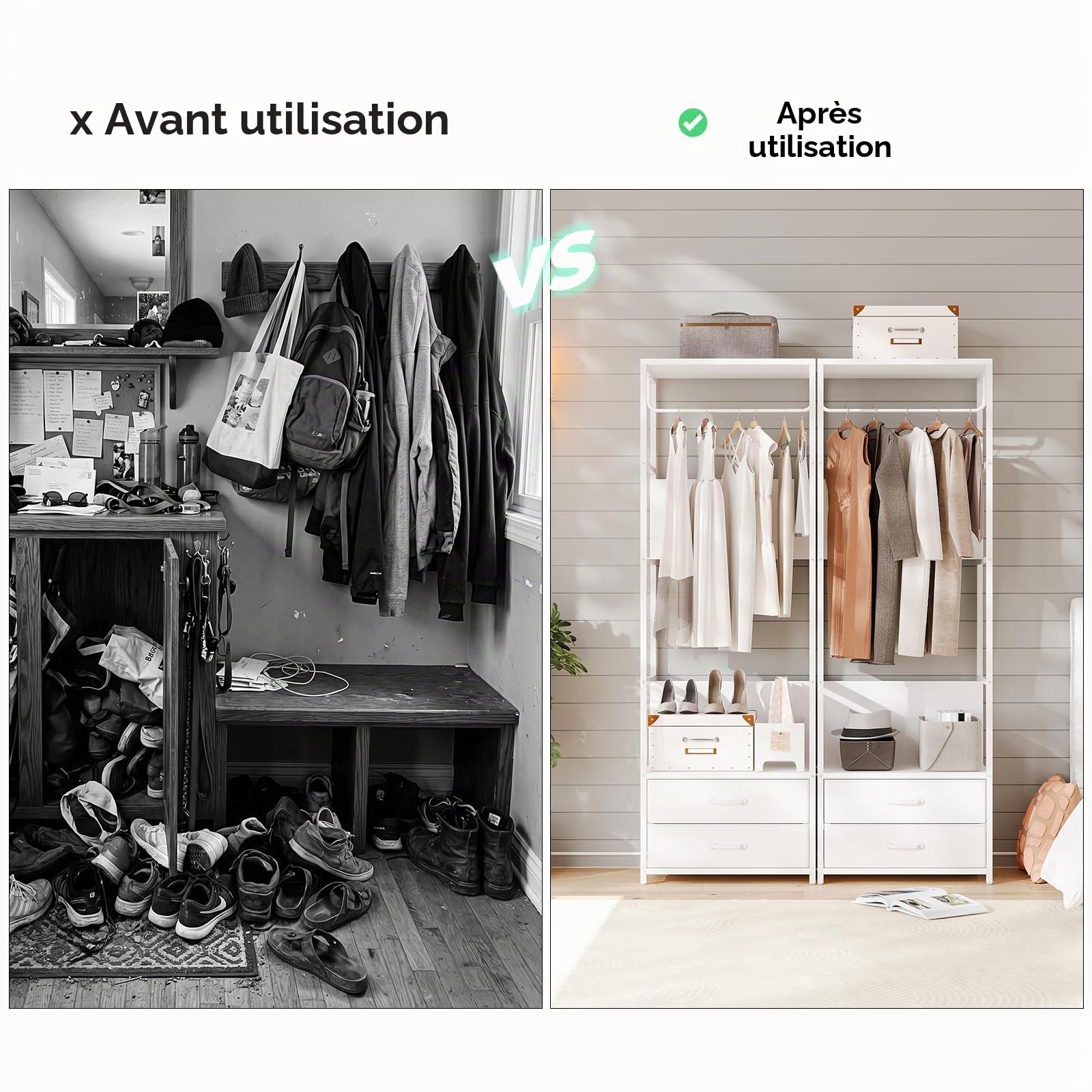 VOWNER Porte Manteau Meuble Entrée Portant Vetement 2 Tiroirs 4-en-1 | Cadre en acier avec tringle et étagères, 60 x 40 x 180 cm pour couloir, chambre