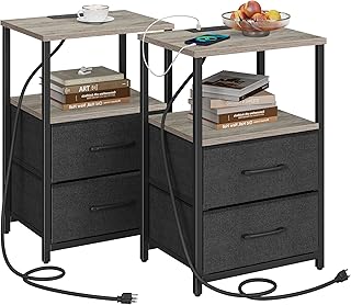 TUTOTAK End Table with Charging Station, Side Table with 2 USB Ports and Outlets, Nightstand with Cloth Drawer, Set of 2, Couch Table, Greige TB01BG052
