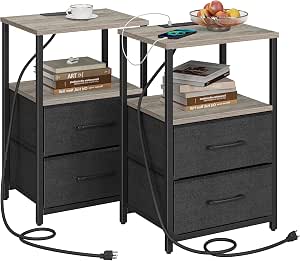 TUTOTAK Set Of 2 C-Shaped End Tables With Charging Station & Storage Bags - Side Table For Sofa With USB Ports & Outlets, Greige