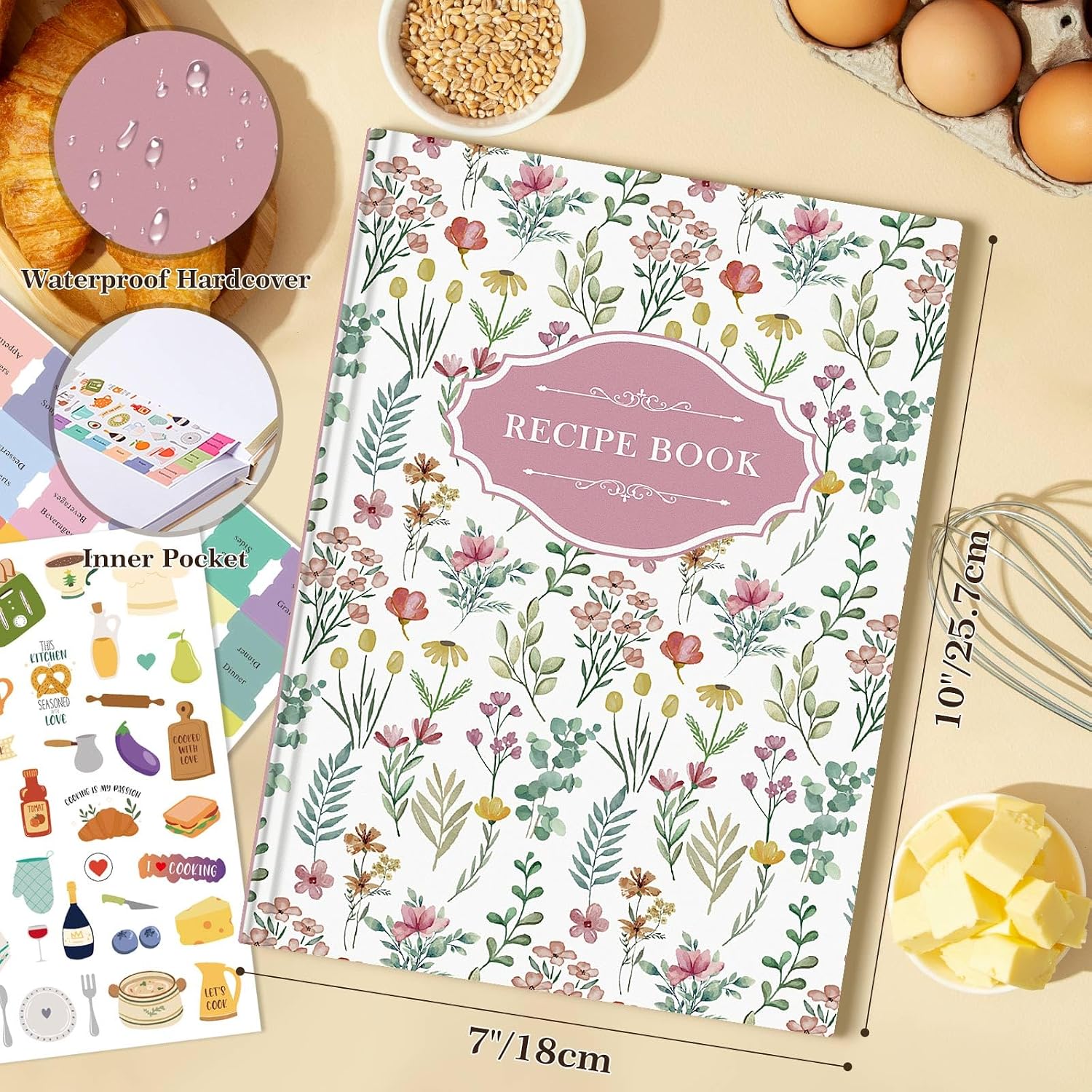 Lanpn Blank Recipe Book Cookbook for 70 Recipes, B5 Waterproof Empty Recipe Notebook to Organize Your Family Recipes, Leather Cooking Journal with Stickers to Write in Your Own Recipes, Pink