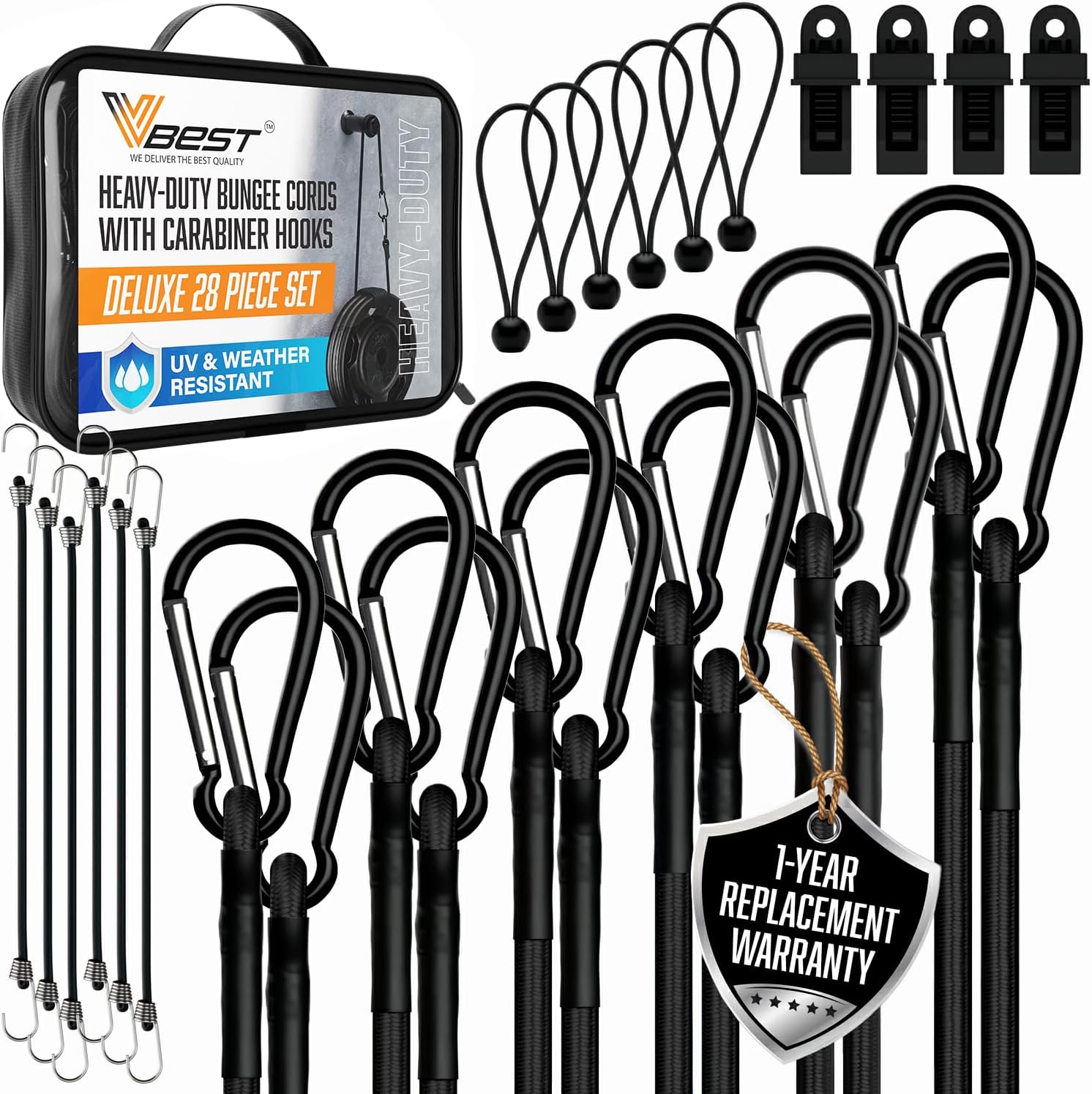 Strong Black Bungee Cords, Heavy Duty Outdoor - UV & Weather Resistant, 28-Piece Assorted Sizes Set with Carabiner Hooks in Storage Bag